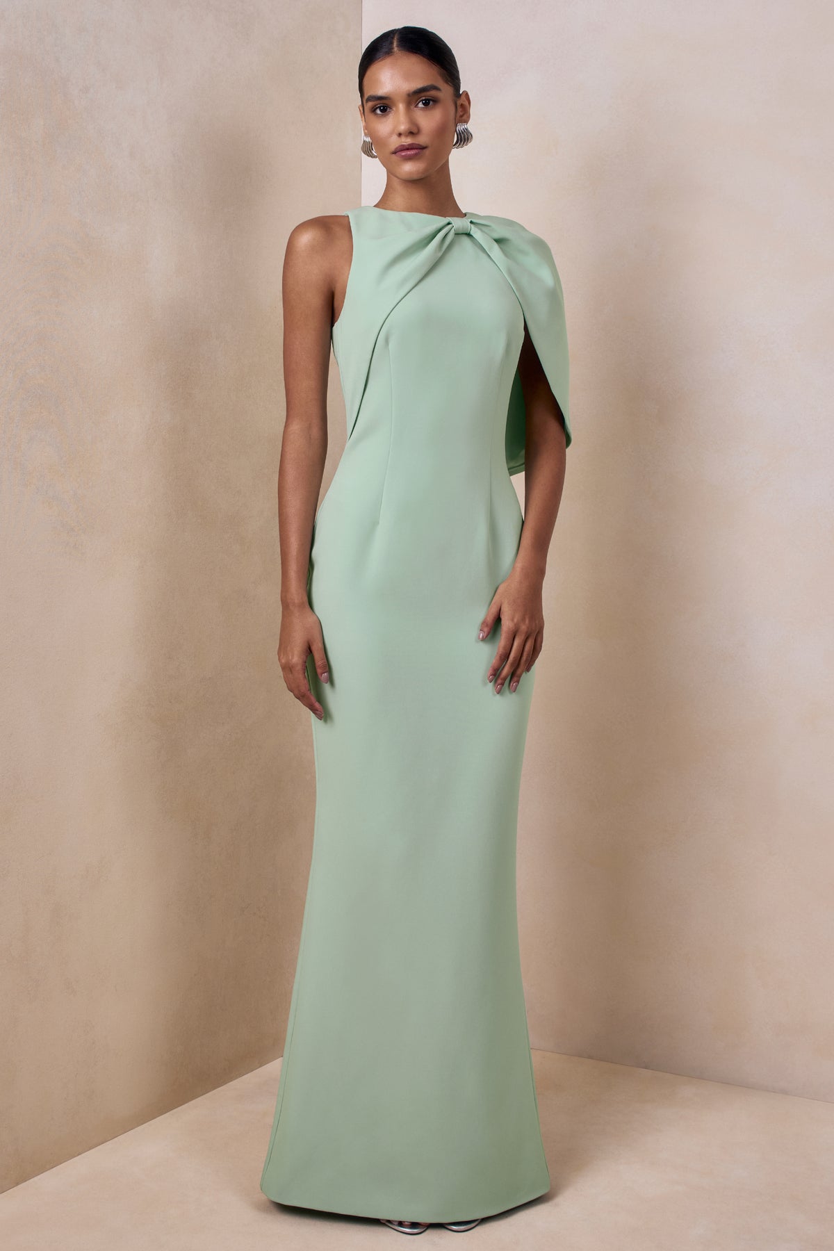Quira | MINT Asymmetric-Neck Maxi Dress With Cape-Sleeve - UK 6 MINT Quira | MINT Asymmetric-Neck Maxi Dress With Cape-Sleeve - UK 6 MINT