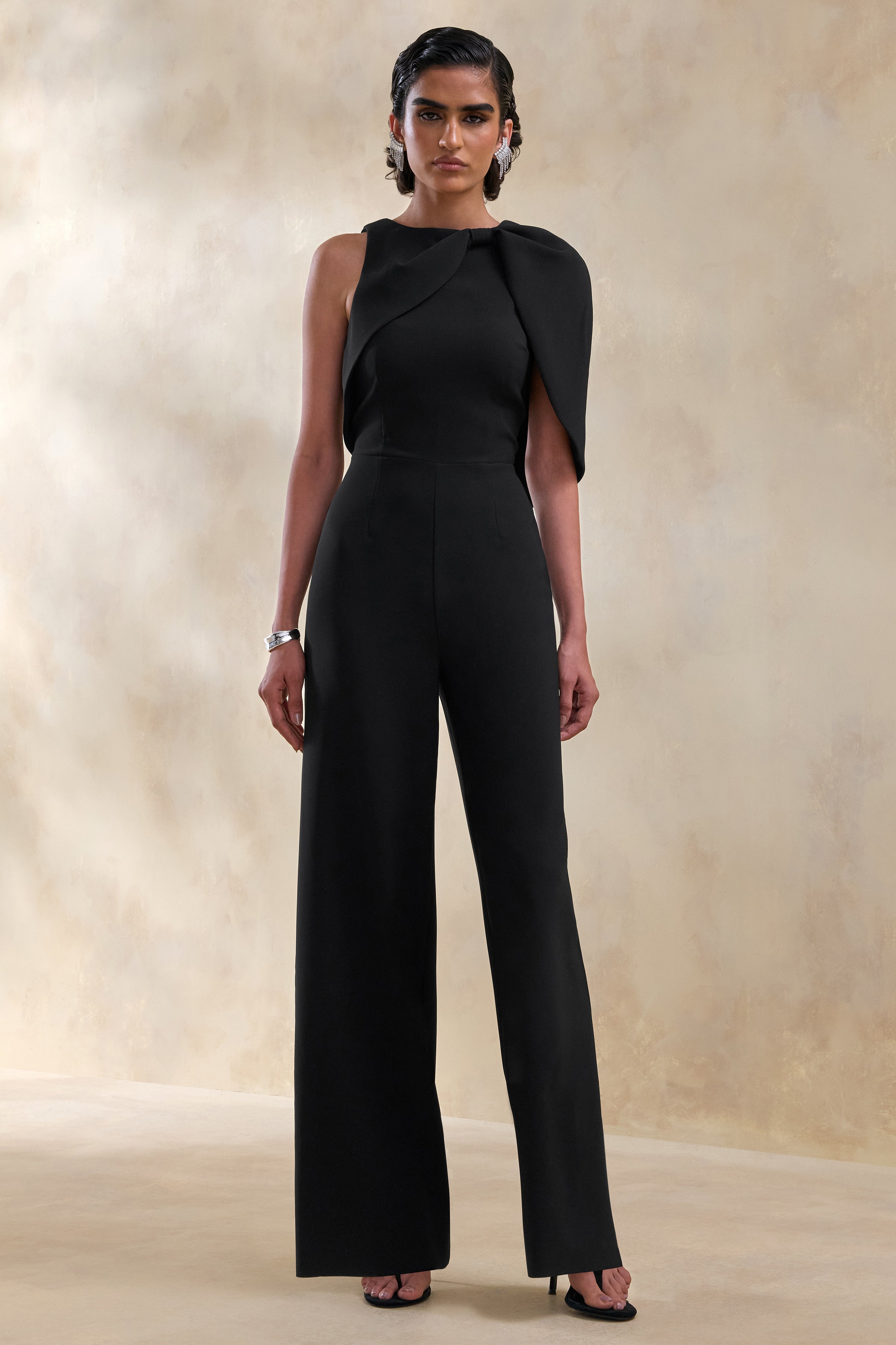 Quinley | Black Asymmetric-Neck Jumpsuit With Cape-Sleeve – Club L