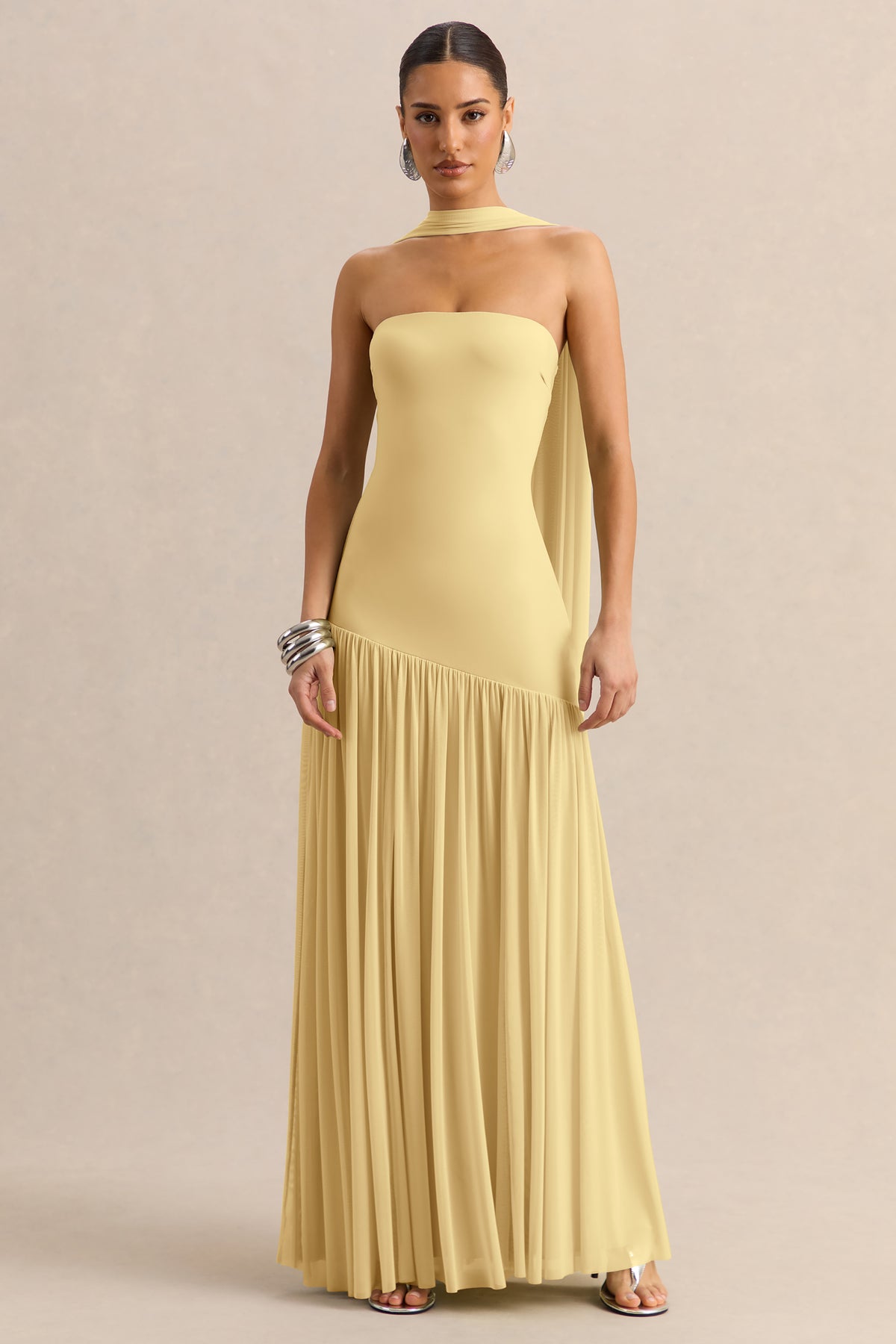 Bambi | Lemon Bandeau-Neck Maxi Dress With Scarf-Detail - UK 16 Lemon Bambi | Lemon Bandeau-Neck Maxi Dress With Scarf-Detail - UK 16 Lemon