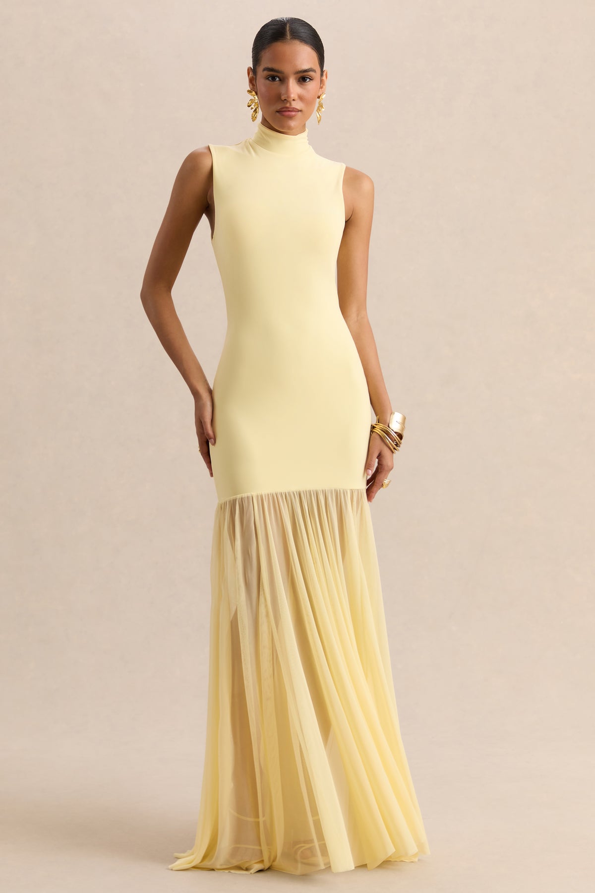 Felina Lemon High-Neck Maxi Dress With Sheer-Skirt Club L London - USA Felina Lemon High-Neck Maxi Dress With Sheer-Skirt Club L London - USA
