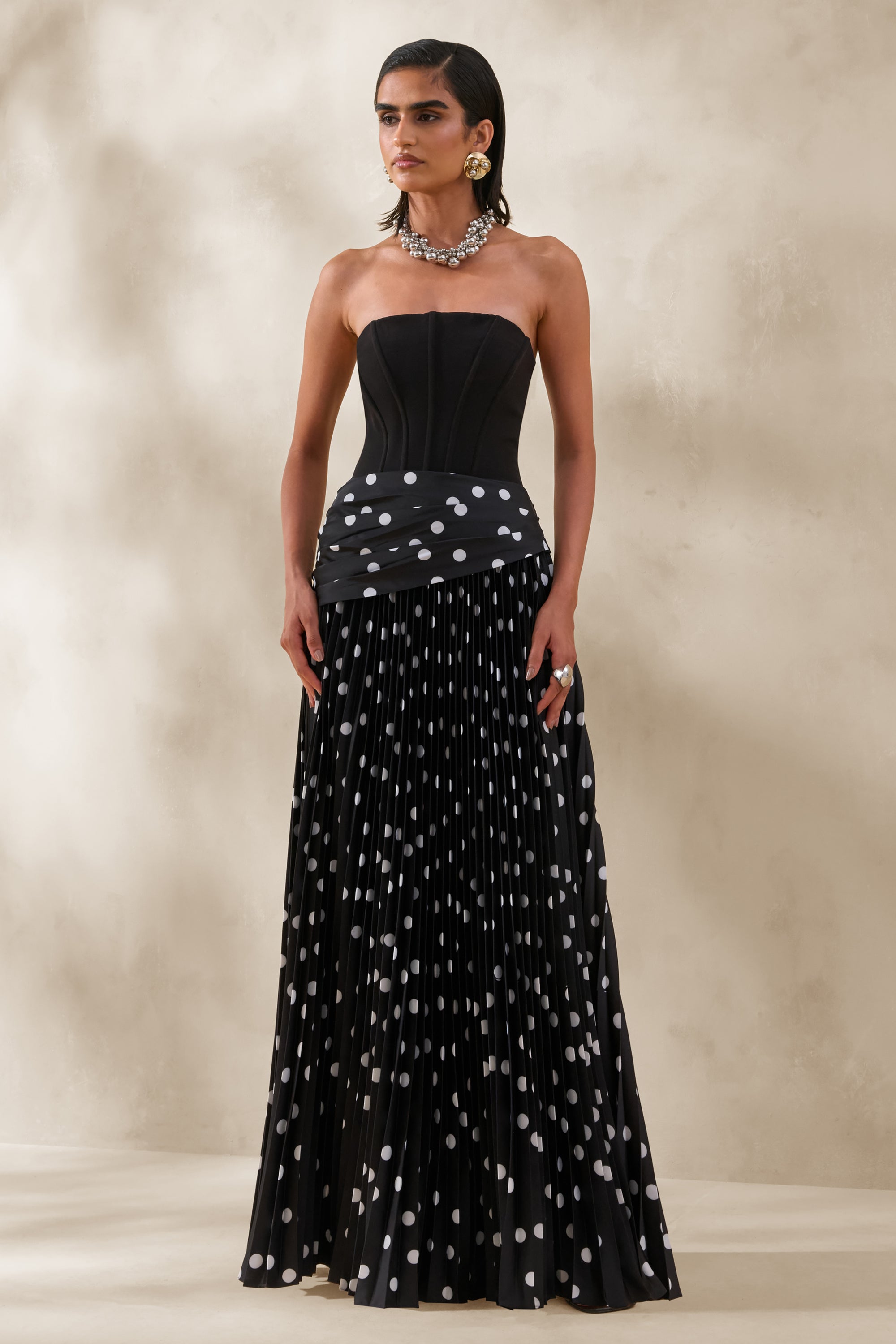 polka dot club dress Emaria | Brown Polka-Dot Satin Cowl-Maxi Dress With Scarf