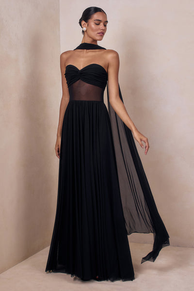 Lyvoria | Black Bandeau Maxi Dress With Mesh-Detail And Scarf