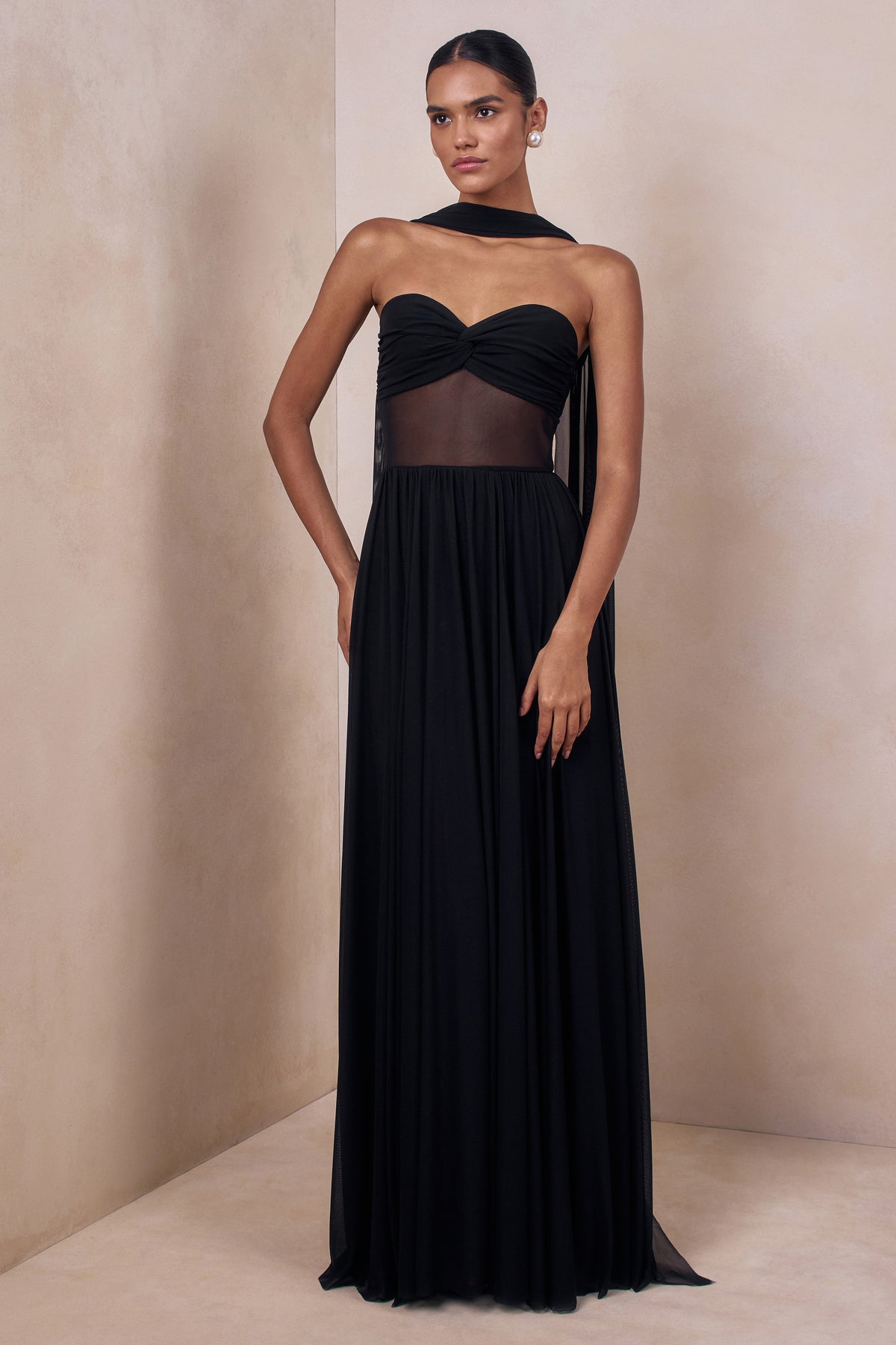Lyvoria Black Bandeau Maxi Dress With Mesh-Detail And Scarf Club L London - USA Lyvoria Black Bandeau Maxi Dress With Mesh-Detail And Scarf Club L London - USA
