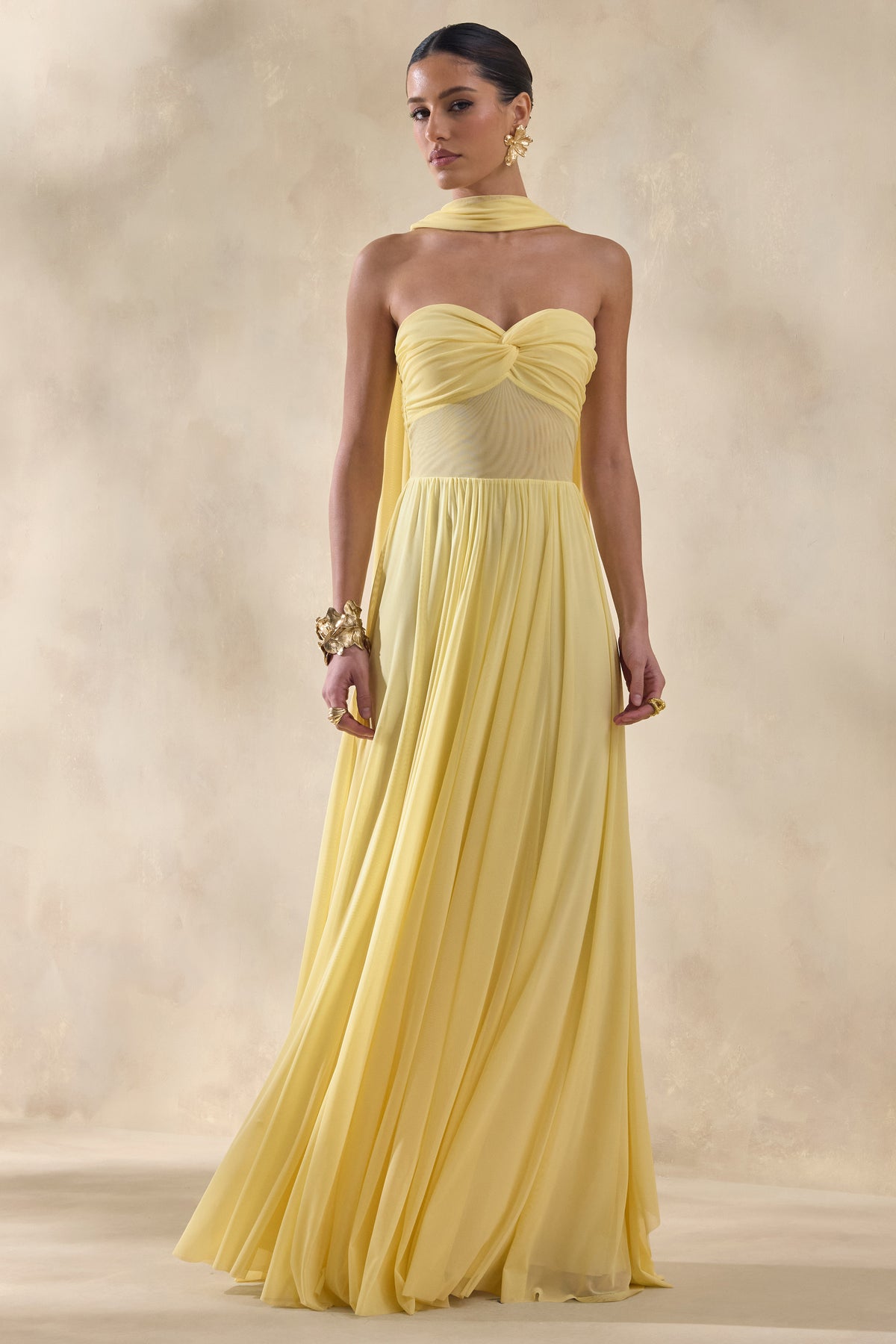 Lyvoria | Lemon Bandeau Maxi Dress With Mesh-Detail And Scarf - UK 12 Lemon Lyvoria | Lemon Bandeau Maxi Dress With Mesh-Detail And Scarf - UK 12 Lemon