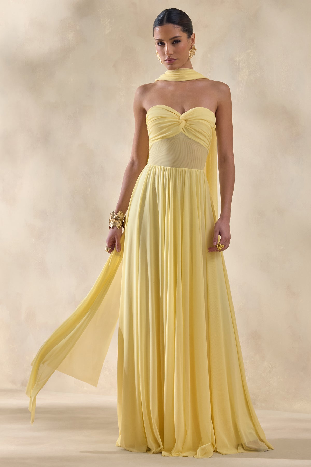 Lyvoria | Lemon Bandeau Maxi Dress With Mesh-Detail And Scarf - UK 12 Lemon Lyvoria | Lemon Bandeau Maxi Dress With Mesh-Detail And Scarf - UK 12 Lemon
