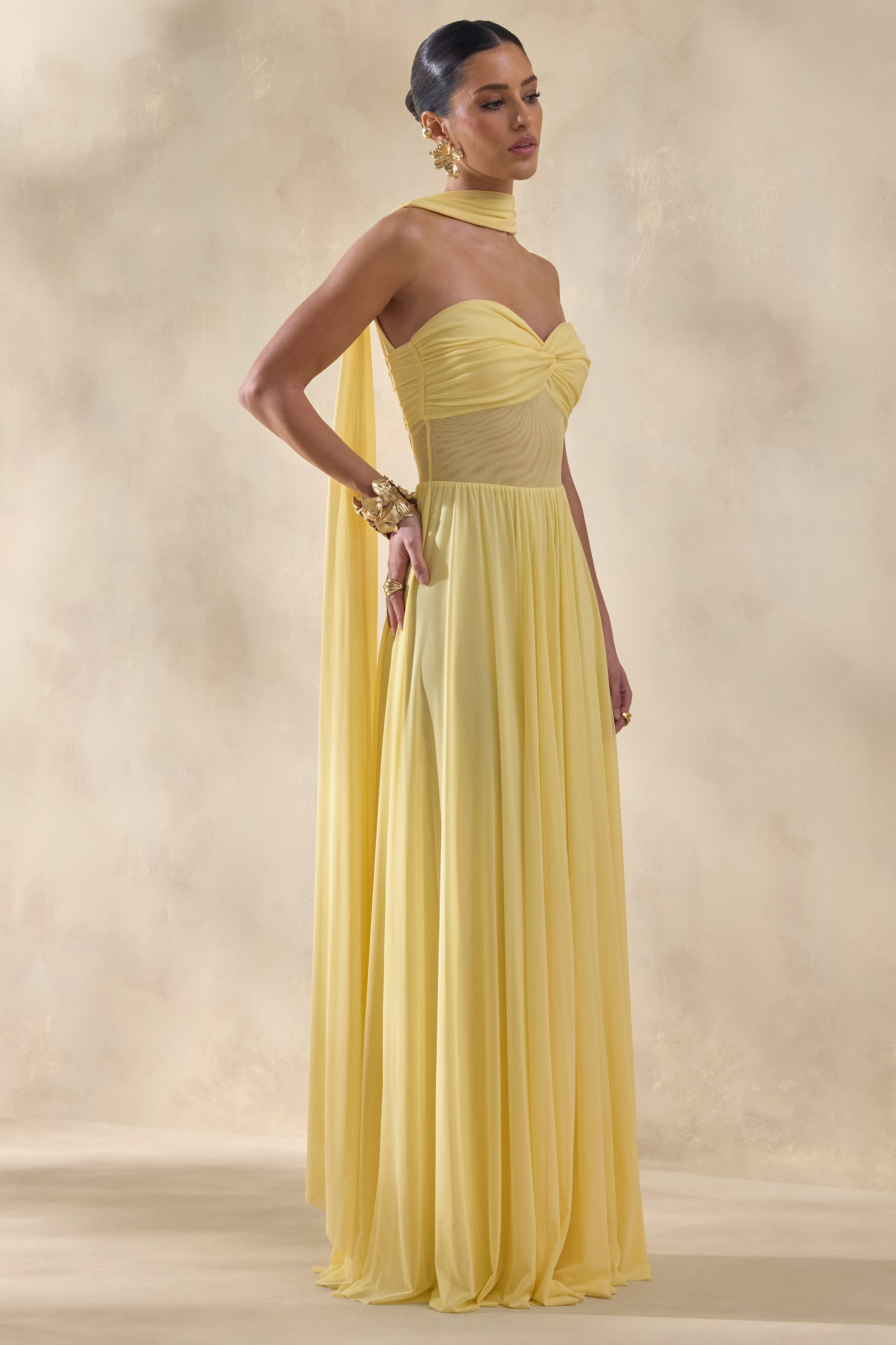 bandeau ruffle-trim maxi dress in lemon sherbet Yellow Womens Frilly Dresses Nevali Bandeau Ruffle-Trim Maxi Dress In Lemon Sherbet Oh Polly