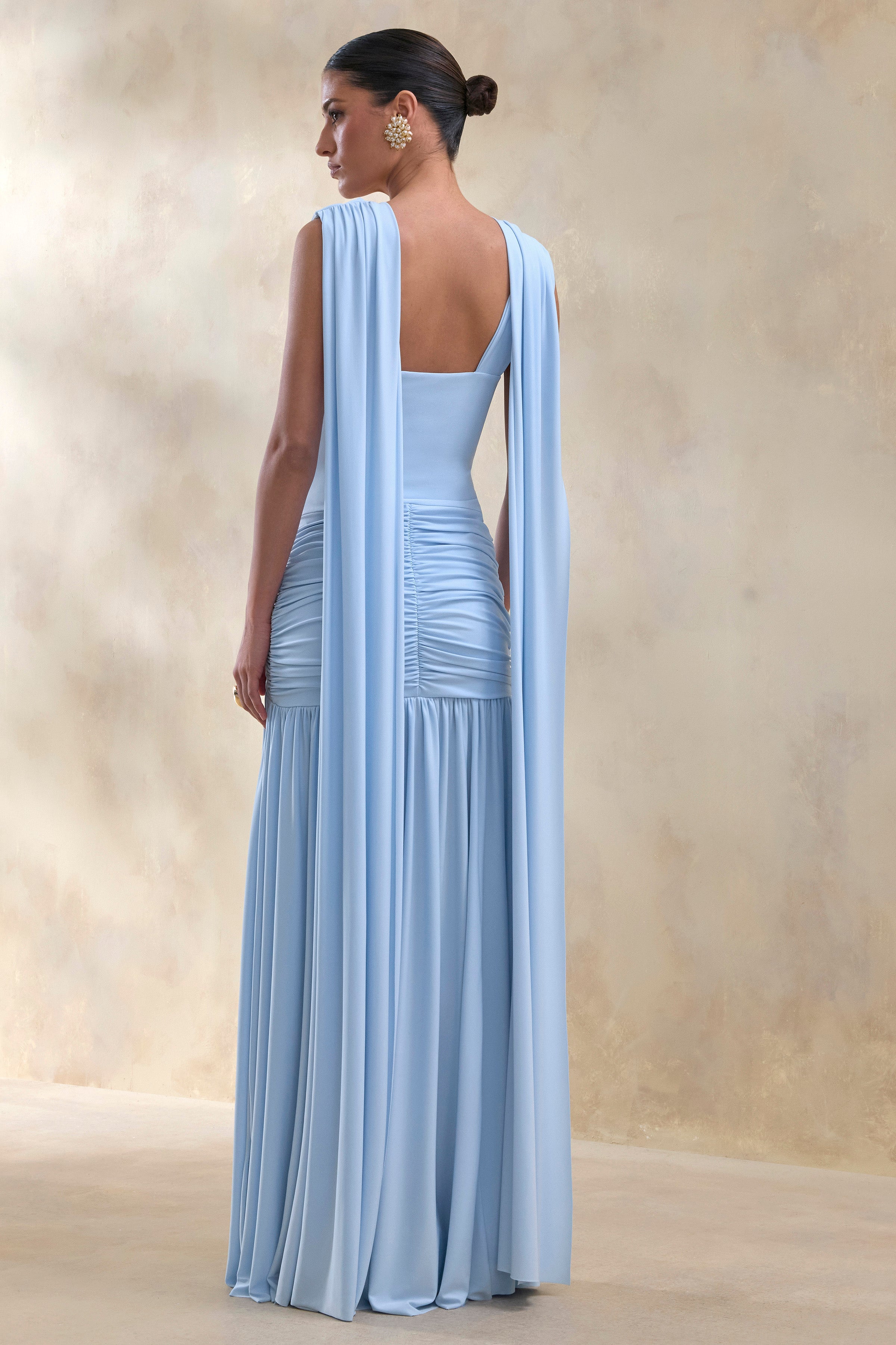 Amelisse | Powder Blue Jersey Ruched Cowl Maxi Dress With Twist
