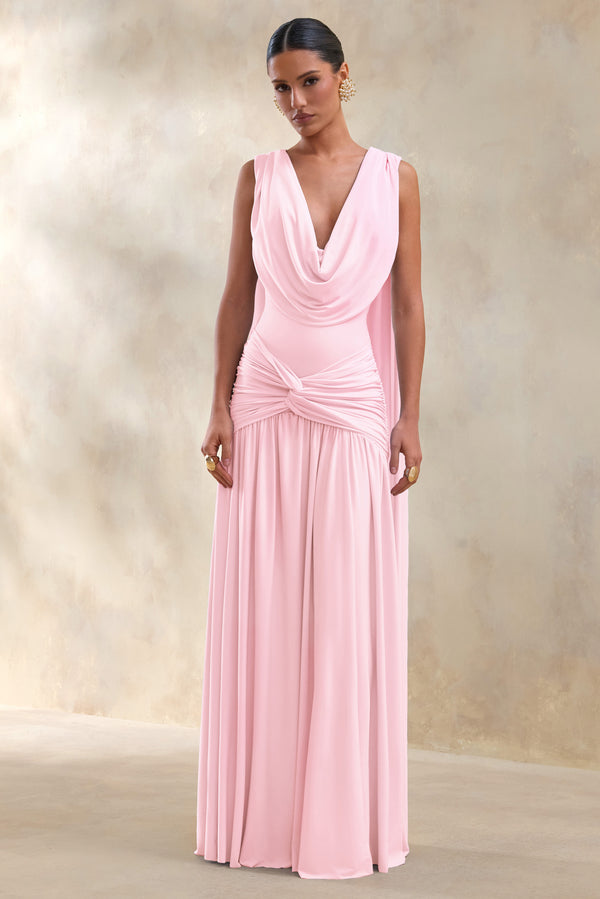 light pink wrap maxi dress Women's Baby Pink Double Layer Slinky Boat Neck Wrap Detail Maxi Dress
