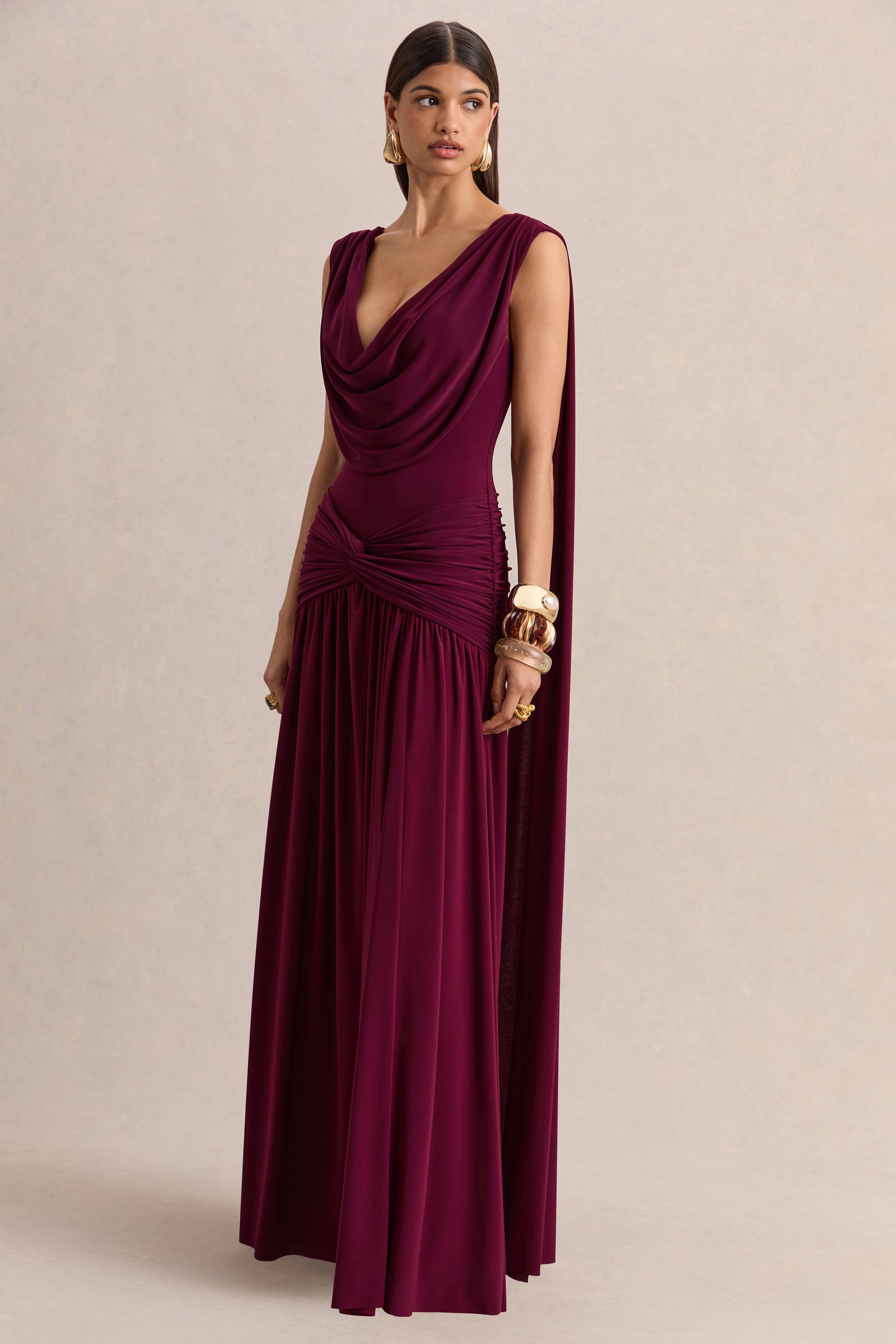 Amelisse | Burgundy Plunge-Neck Maxi Dress With Ruched-Detailing