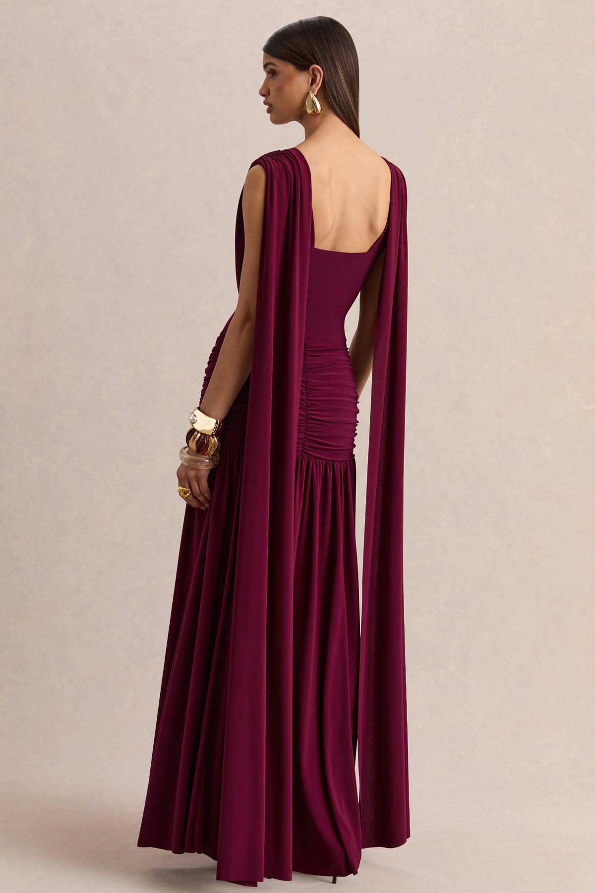 Amelisse | Burgundy Plunge-Neck Maxi Dress With Ruched-Detailing - UK 8 Burgundy Amelisse | Burgundy Plunge-Neck Maxi Dress With Ruched-Detailing - UK 8 Burgundy