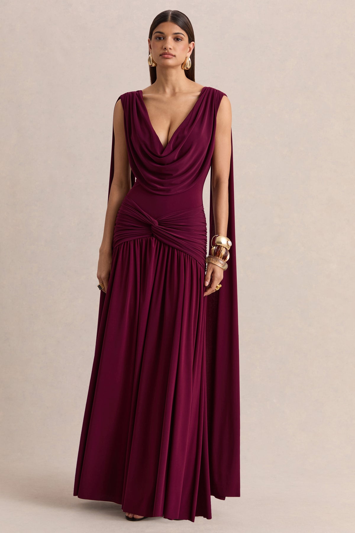 Amelisse | Burgundy Plunge-Neck Maxi Dress With Ruched-Detailing Amelisse | Burgundy Plunge-Neck Maxi Dress With Ruched-Detailing