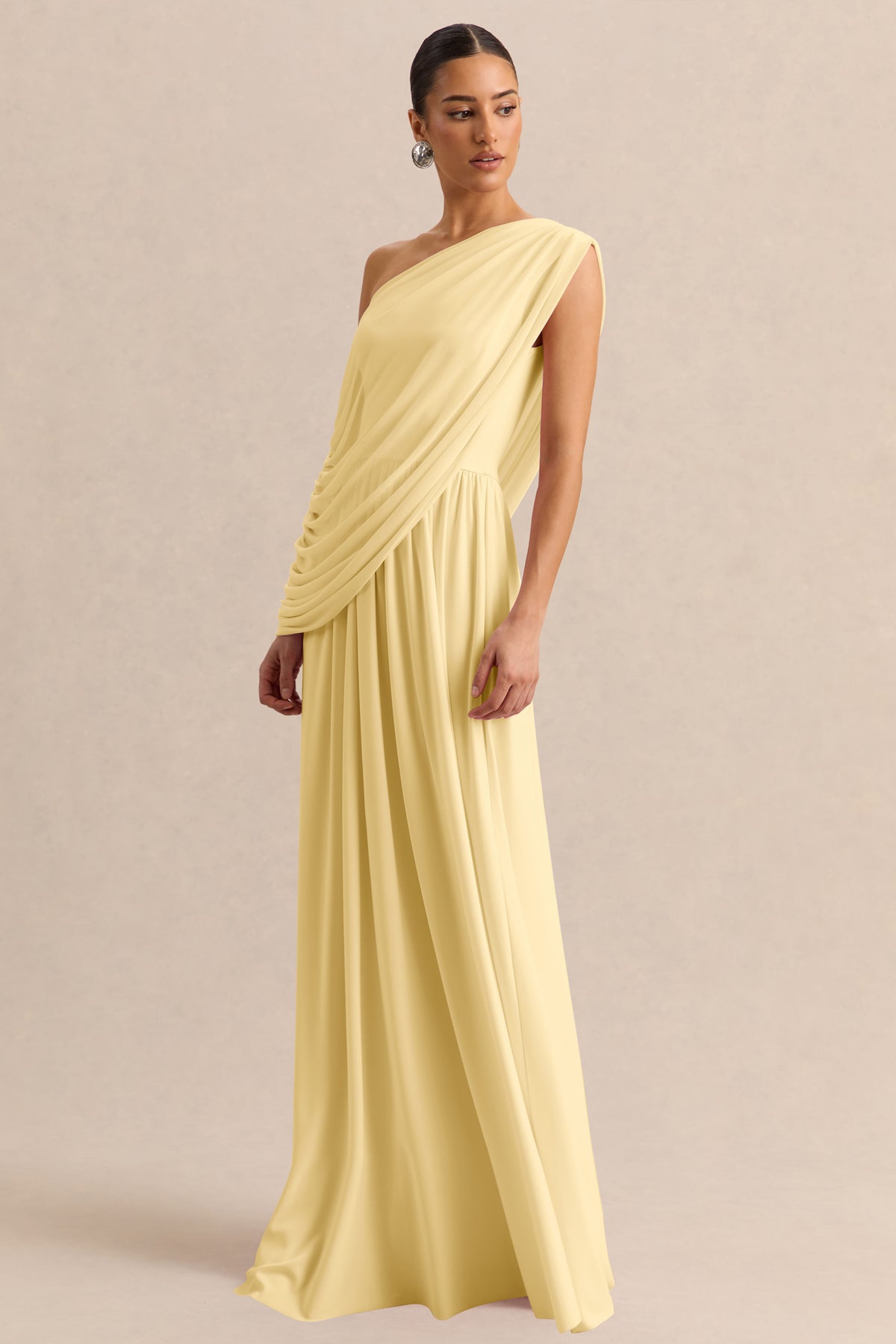Sabianna Lemon Asymmetric-Neck Maxi Dress With Draped Detailing – Club L London Sabianna Lemon Asymmetric-Neck Maxi Dress With Draped Detailing – Club L London