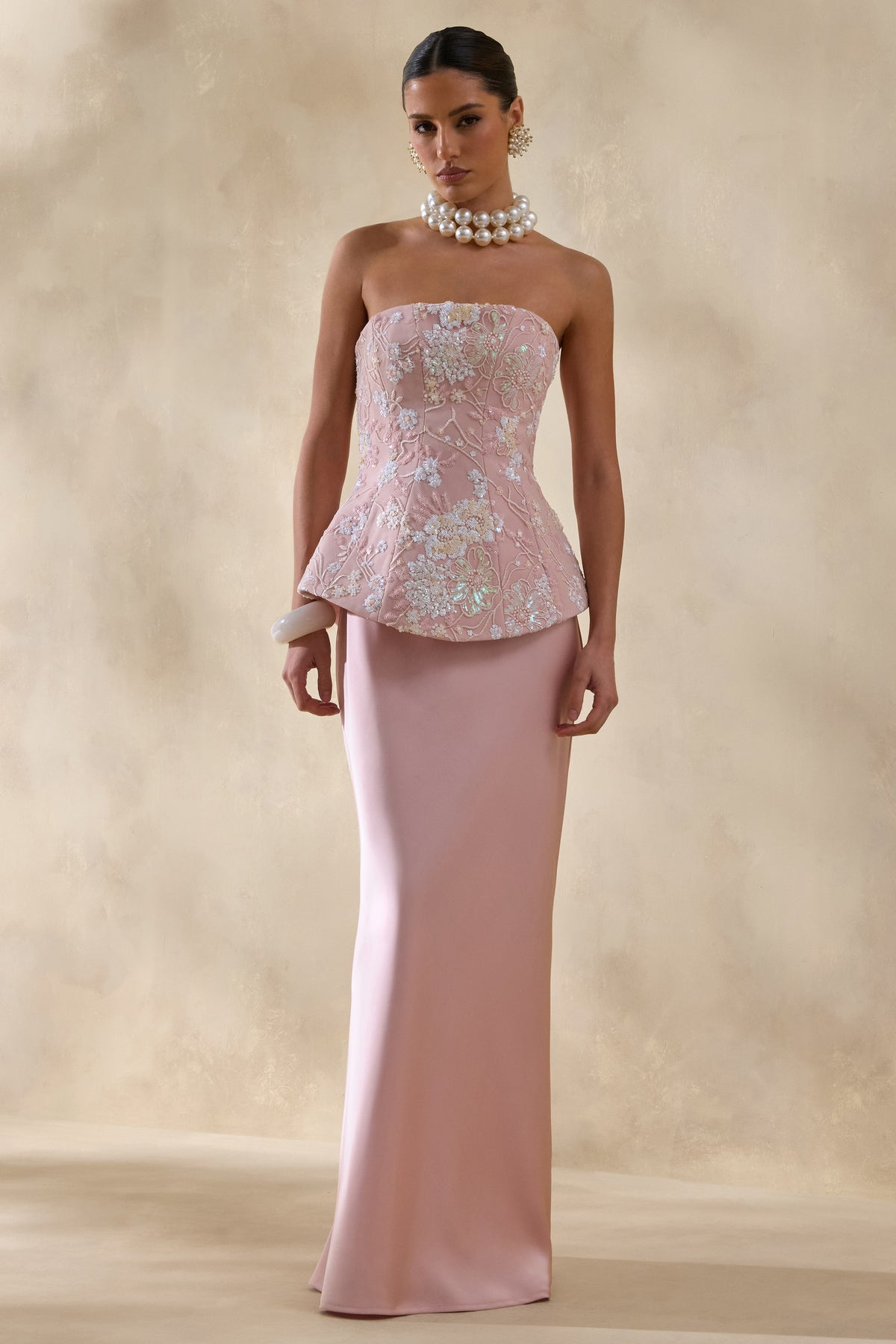 Corvina Pink Embellished Floral Bandeau Corset Maxi Dress Club L London - USA Corvina Pink Embellished Floral Bandeau Corset Maxi Dress Club L London - USA