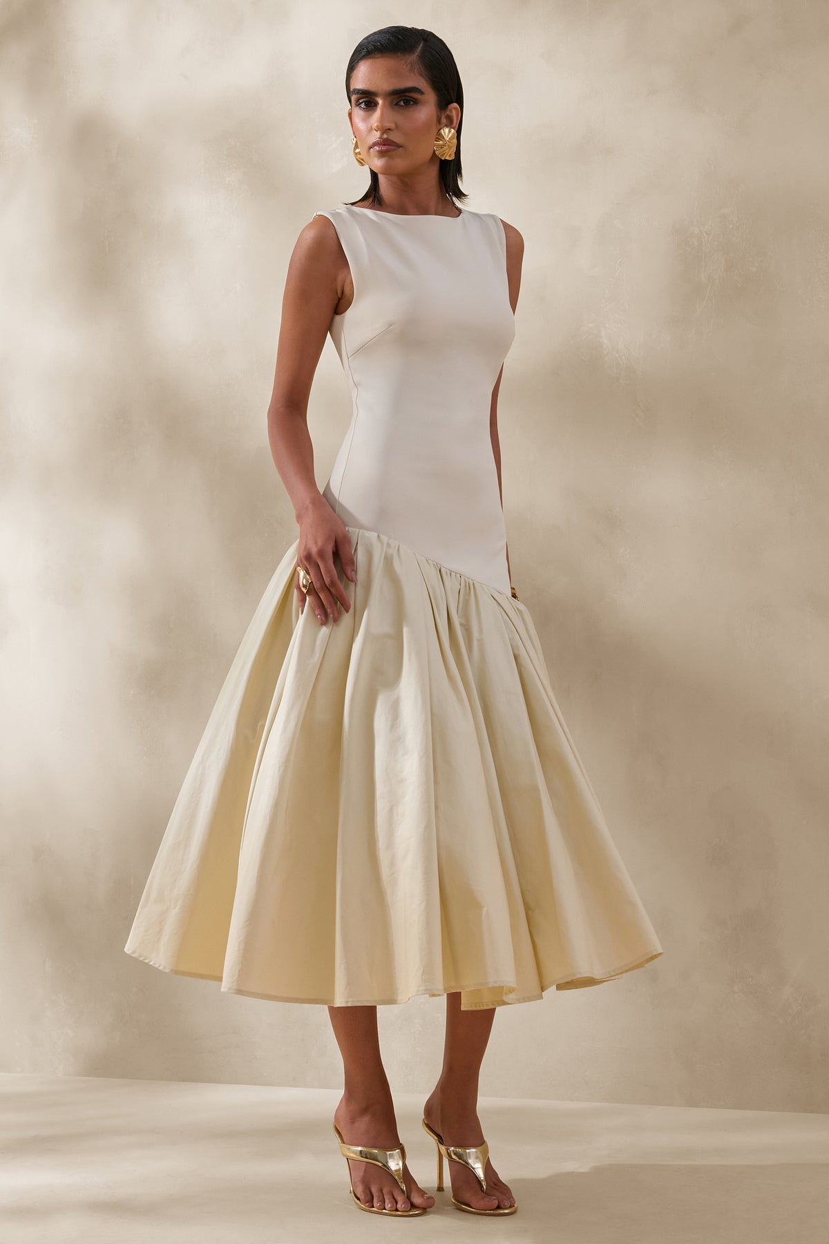 Fantasia | Cream Boat-Neck Midi Dress With Asymmetric Drop-Waist - UK 12 Cream Fantasia | Cream Boat-Neck Midi Dress With Asymmetric Drop-Waist - UK 12 Cream