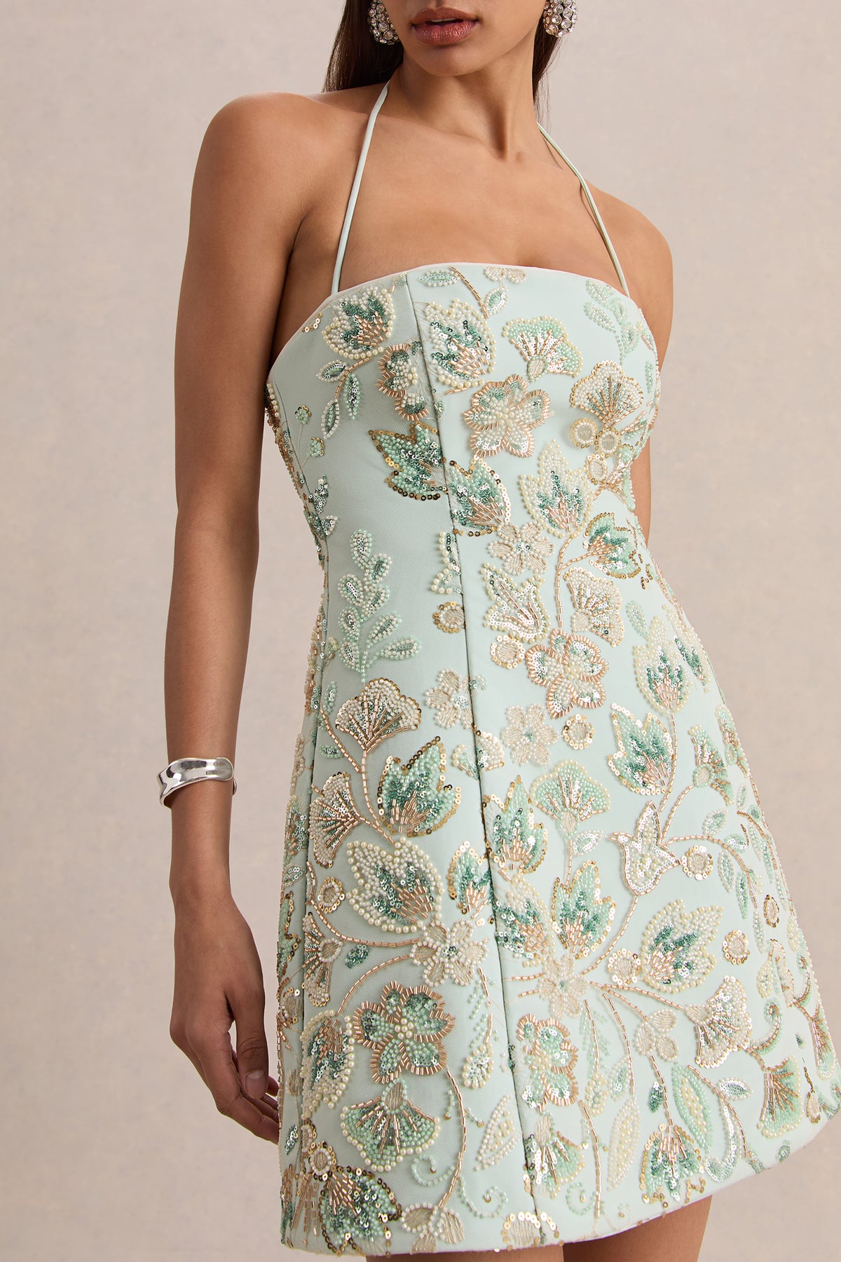 Brianna Mint Floral Embellished Square-Neck Mini Dress Club L London - USA Brianna Mint Floral Embellished Square-Neck Mini Dress Club L London - USA