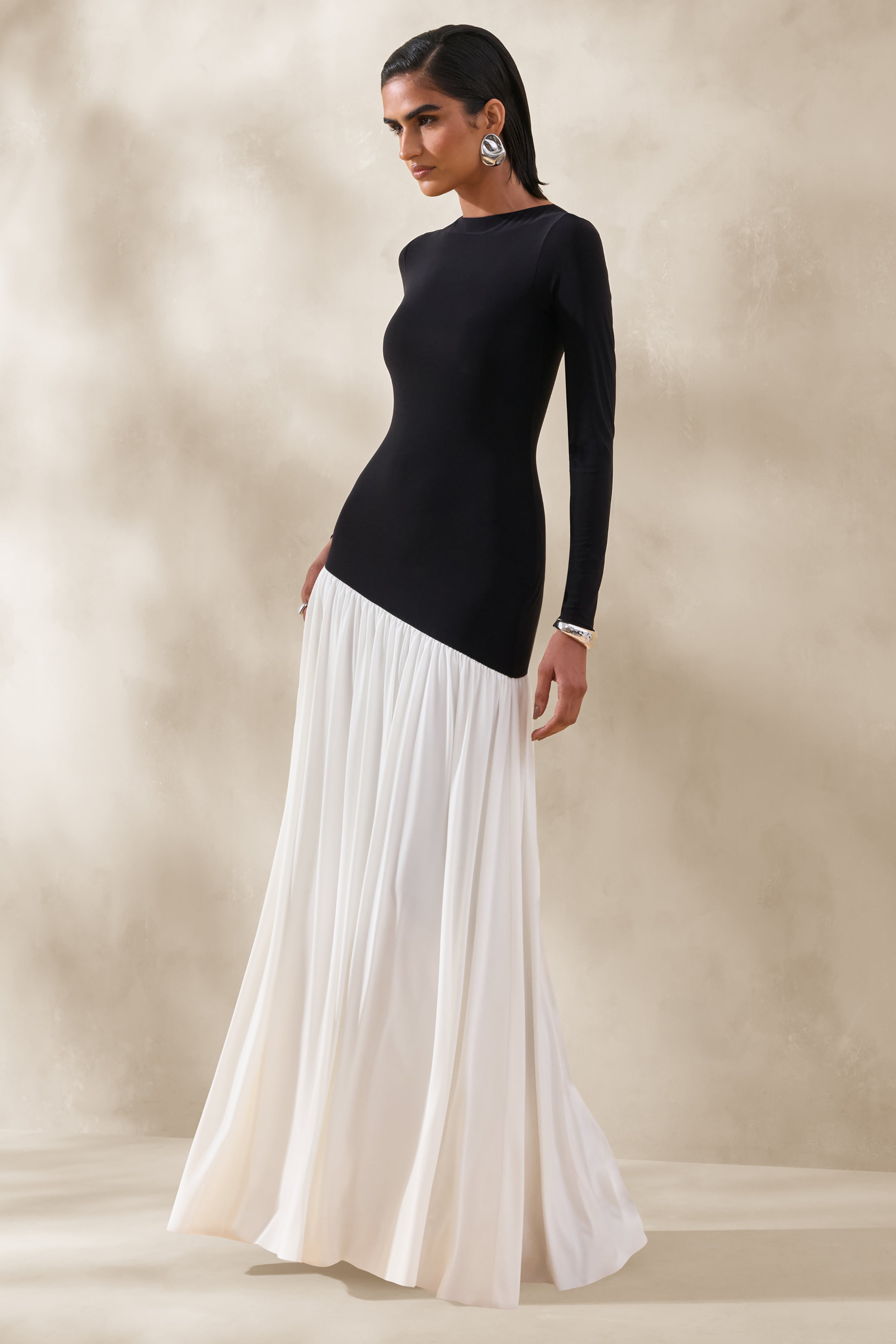 Jasira | Black & White Slashed-Neck Maxi Dress With Asymmetric