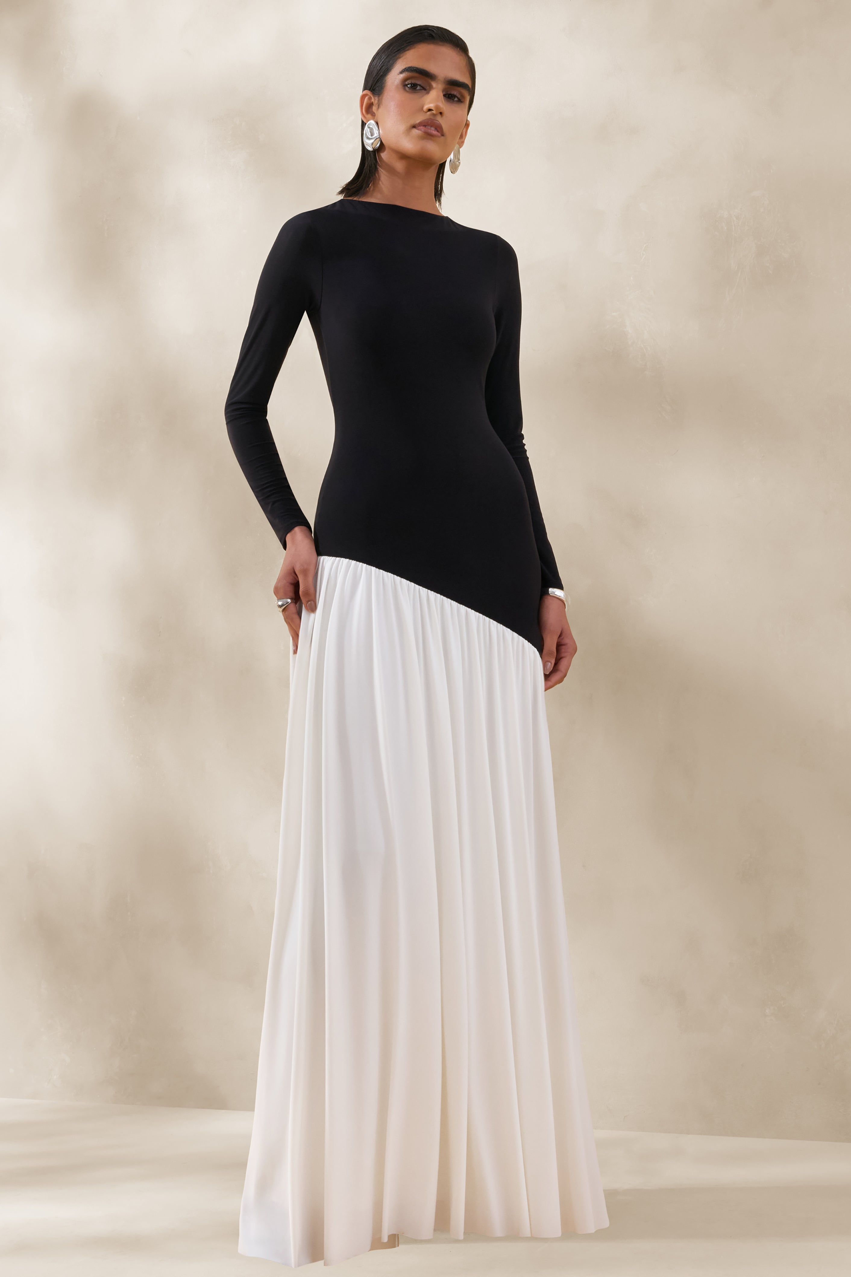 Jasira | Black & White Slashed-Neck Maxi Dress With Asymmetric