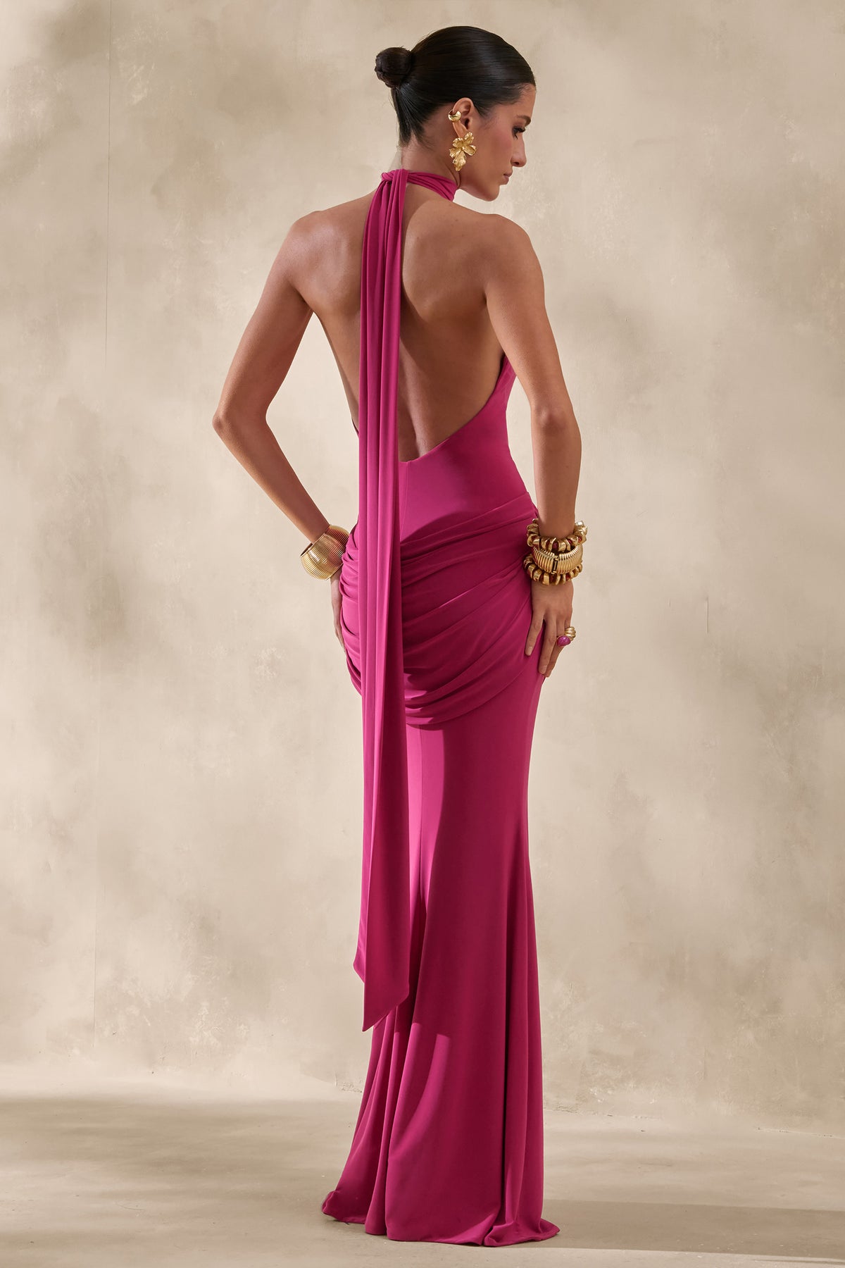 Daisy Hot Pink Halter-Neck Maxi Dress With Draped-Detailing Club L London - USA Daisy Hot Pink Halter-Neck Maxi Dress With Draped-Detailing Club L London - USA
