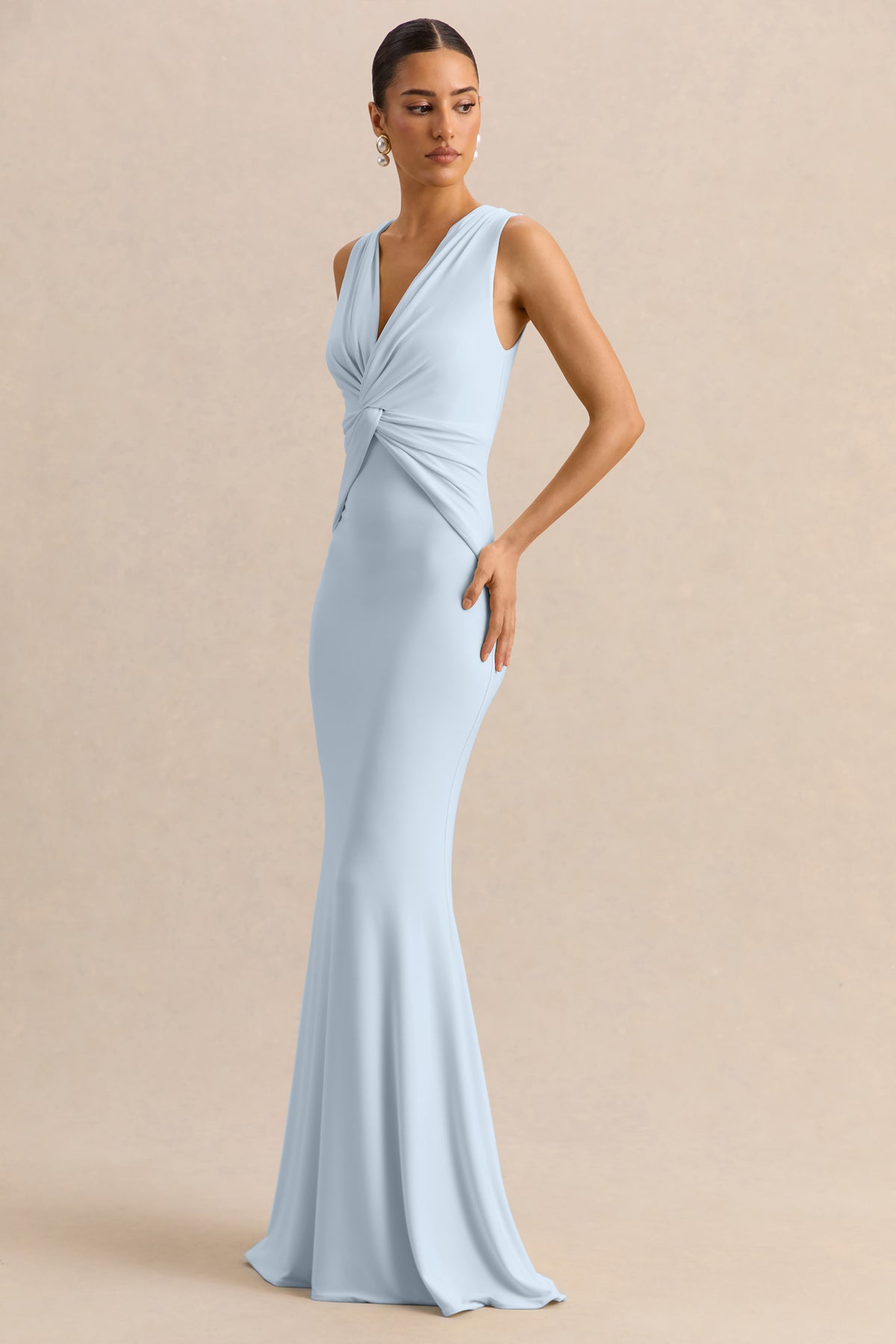 plunge neck formal dress Holly Powder Blue Plunge-Neck Maxi Dress With Twist-Detail – Club L London