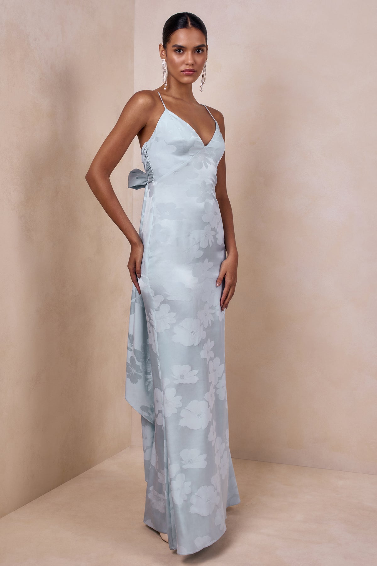 Carelle Powder Blue Satin Plunge-Neck Maxi Dress With Asymmetric Dro Club L London - USA Carelle Powder Blue Satin Plunge-Neck Maxi Dress With Asymmetric Dro Club L London - USA