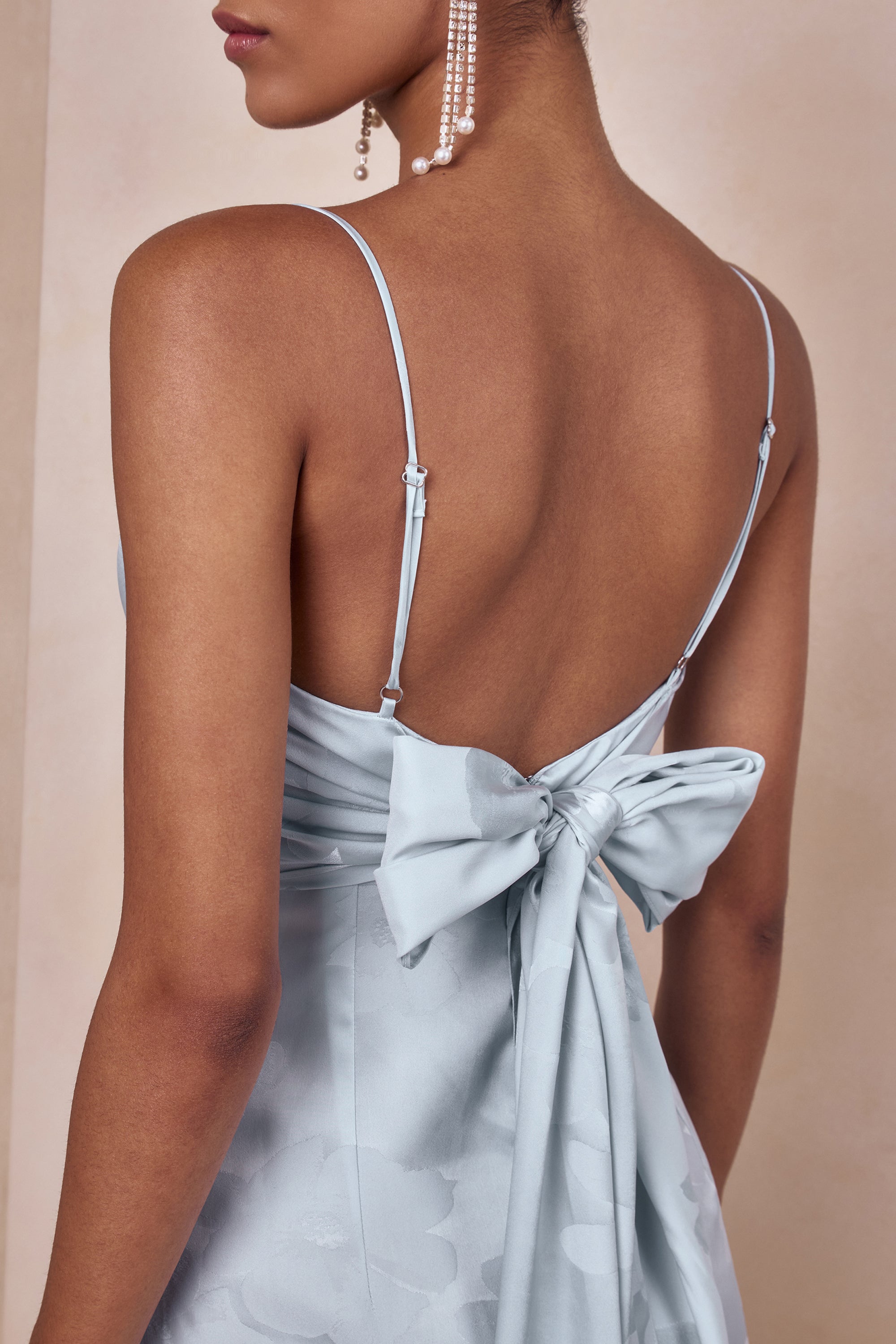 Carelle | Powder BLUE Satin Plunge-Neck Maxi Dress With Asymmetric Drop-Waist