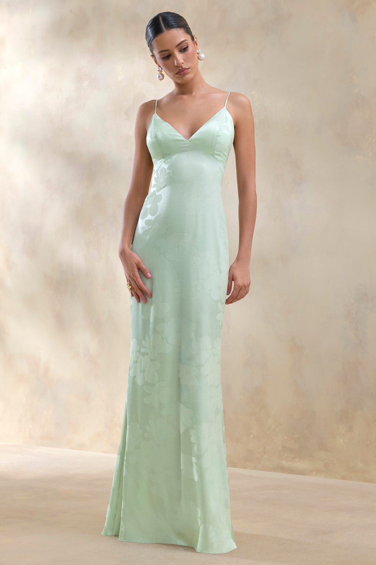 Carelle | Green Satin Plunge-Neck Maxi Dress With Asymmetric Drop-Waist Carelle | Green Satin Plunge-Neck Maxi Dress With Asymmetric Drop-Waist