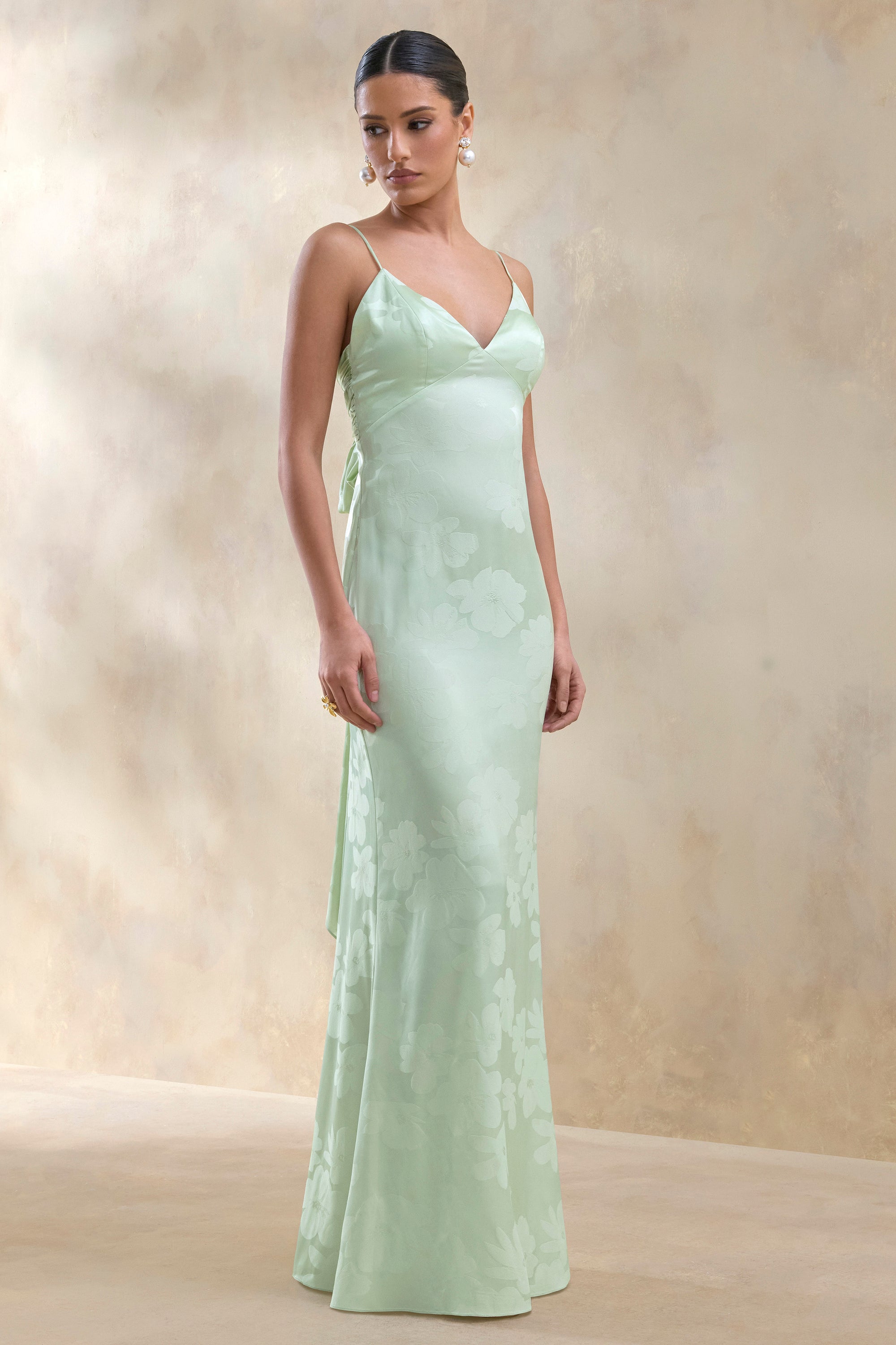 green plunge maxi dress Marisea | Green Plunge-Neck Maxi Dress With Cape-Sleeves