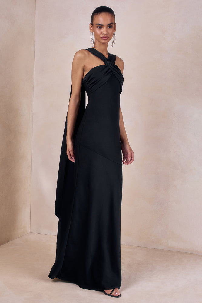 Sloane | Black Matte Satin Halter-Neck Maxi Dress With Cape - UK 12 Black Sloane | Black Matte Satin Halter-Neck Maxi Dress With Cape - UK 12 Black