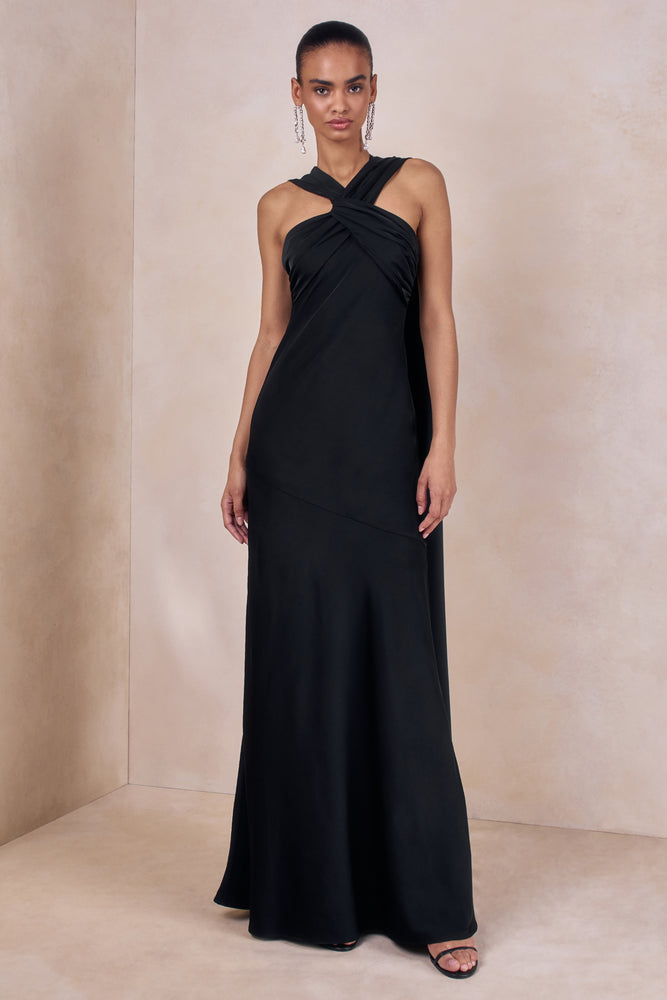 Sloane | Black Matte Satin Halter-Neck Maxi Dress With Cape - UK 12 Black Sloane | Black Matte Satin Halter-Neck Maxi Dress With Cape - UK 12 Black