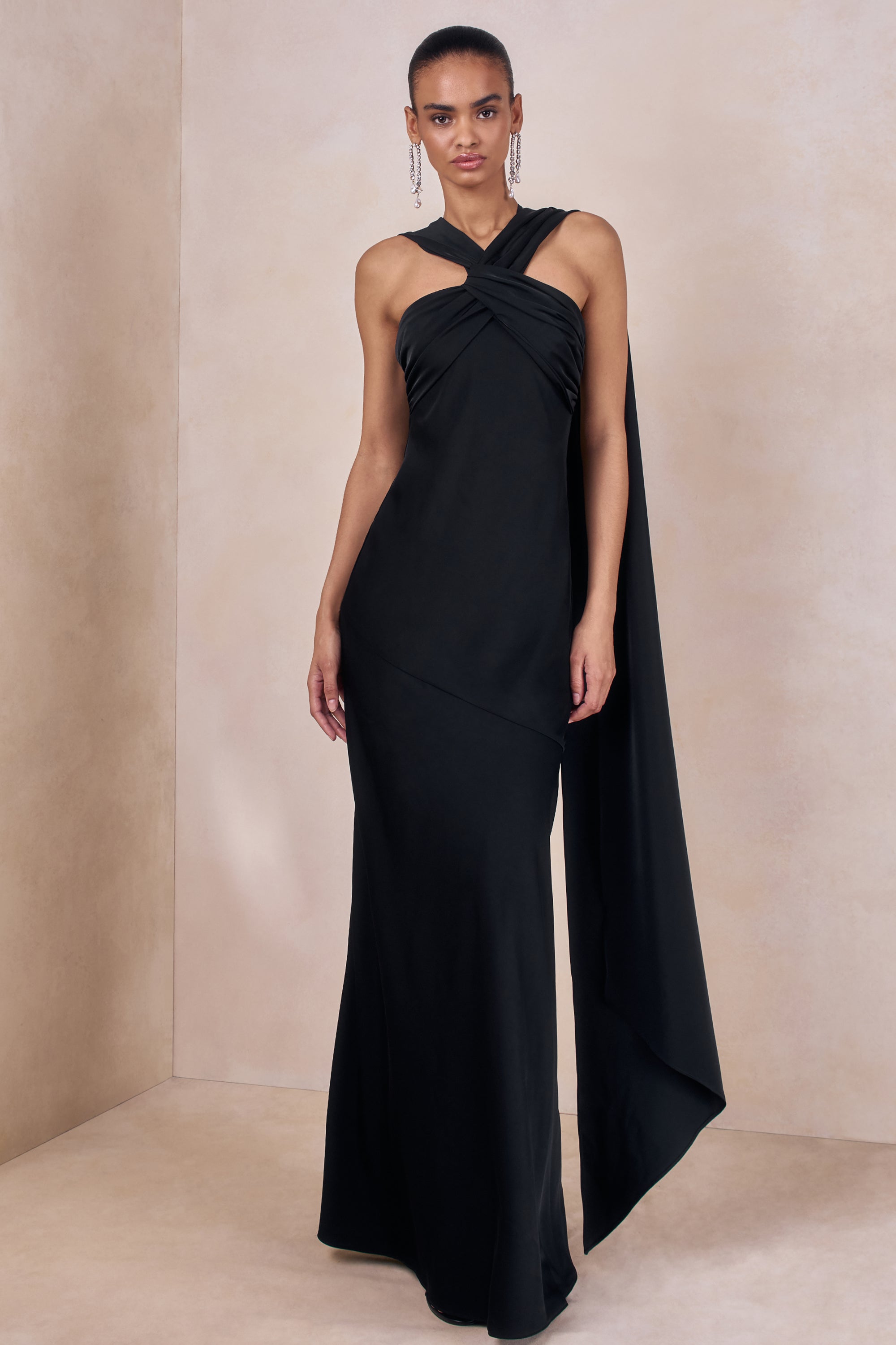 black satin halter bridesmaid dress HELLO MOLLY The Cleo Halter Satin Maxi Dress Black