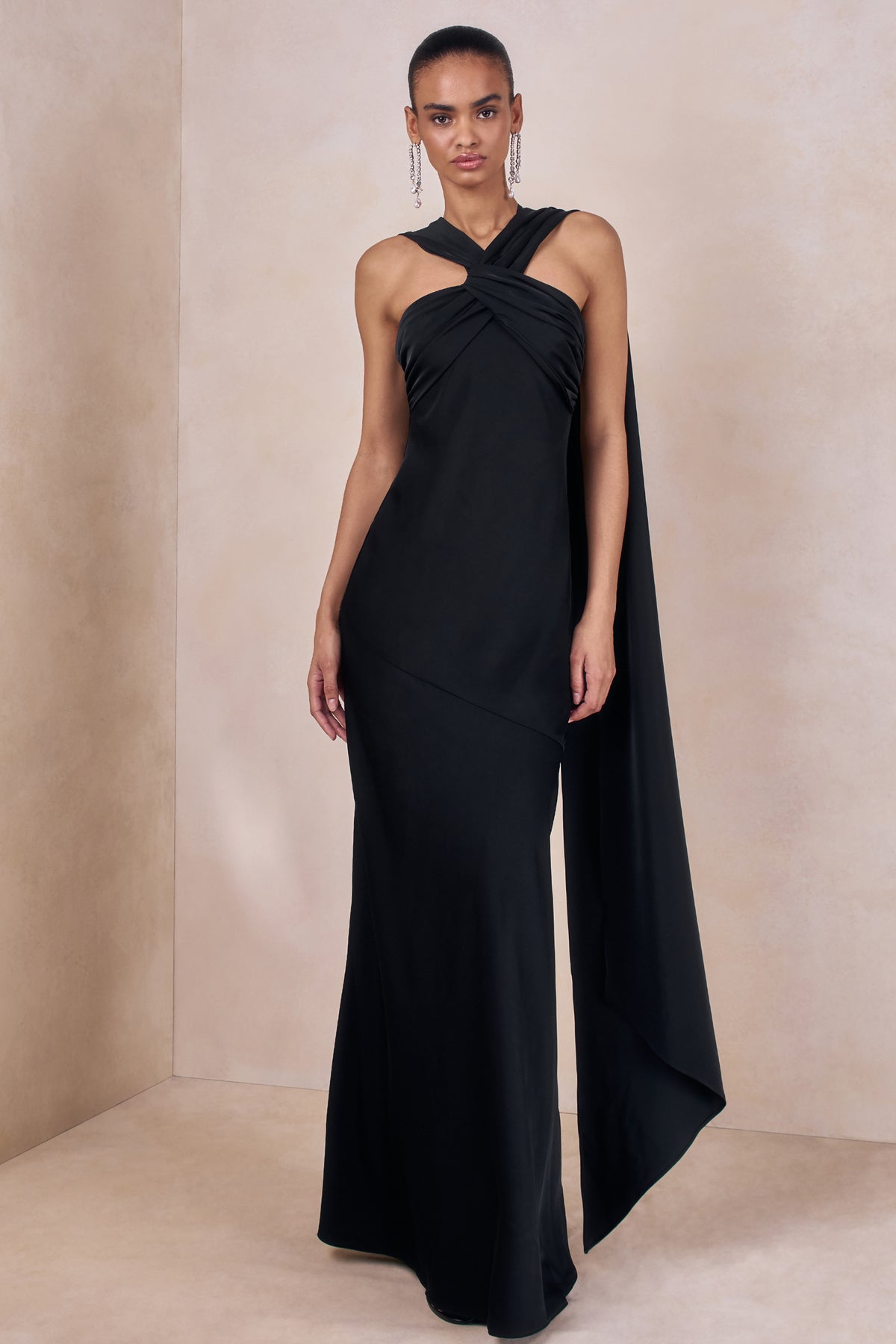 halterneck satin maxi dress Sloane | Black Matte Satin Halter-Neck Maxi Dress With Cape