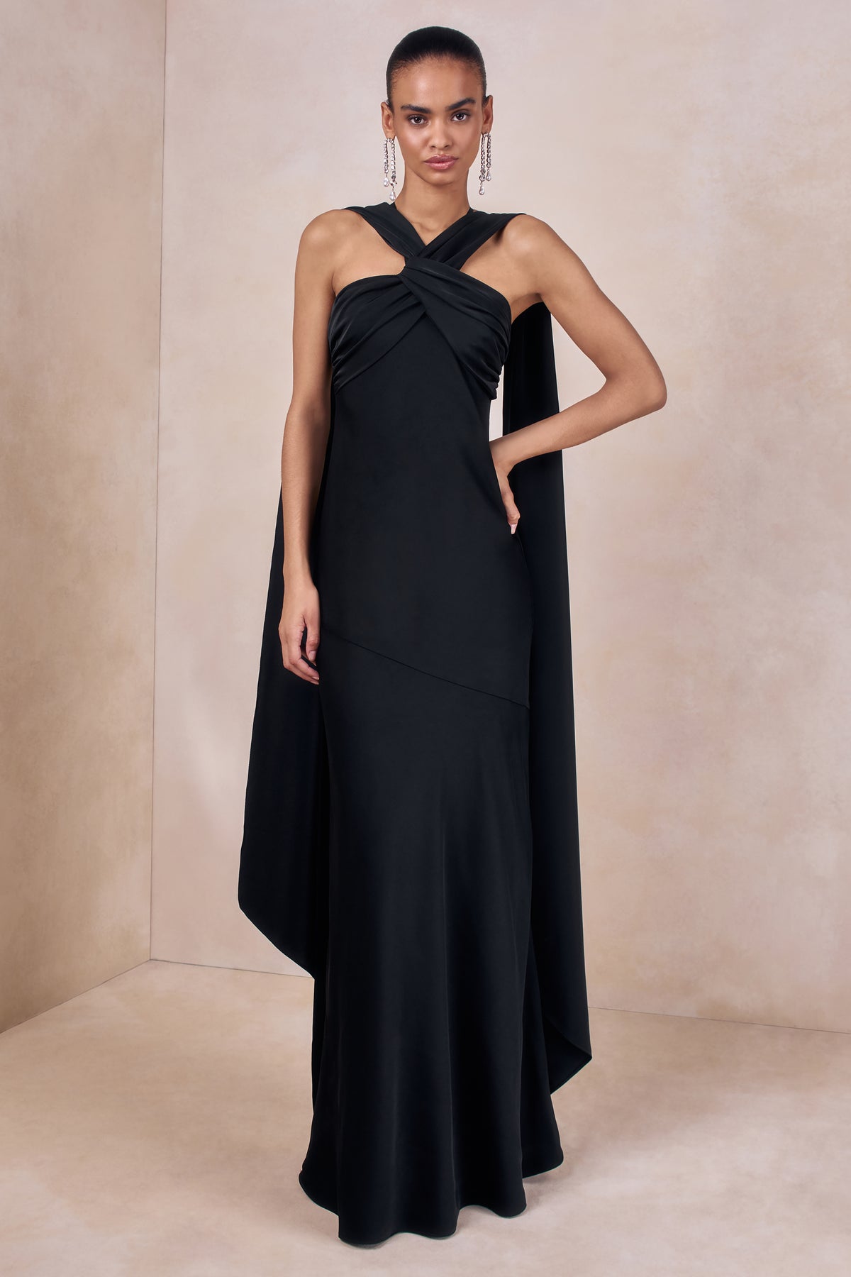 matte satin dress Sloane | Black Matte Satin Halter-Neck Maxi Dress With Cape