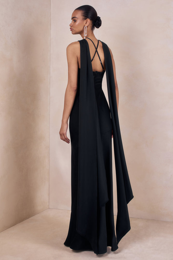 Sloane | Black Matte Satin Halter-Neck Maxi Dress With Cape - UK 12 Black Sloane | Black Matte Satin Halter-Neck Maxi Dress With Cape - UK 12 Black