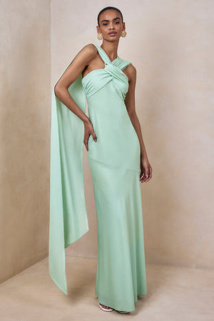 satin mint green dress Sloane | Matte Halter-Neck Maxi With Cape and elegant celebrations Long Denim Vintage Embroidered SHIFTDRESS Color:Jaipur