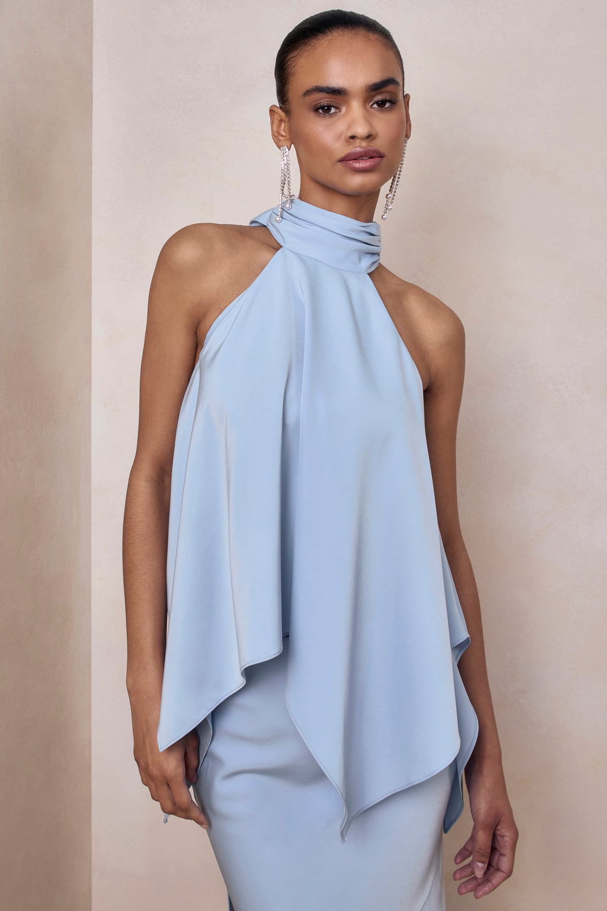 Sancelle Powder Blue Matte Satin Halter-Neck Top Club L London - USA Sancelle Powder Blue Matte Satin Halter-Neck Top Club L London - USA