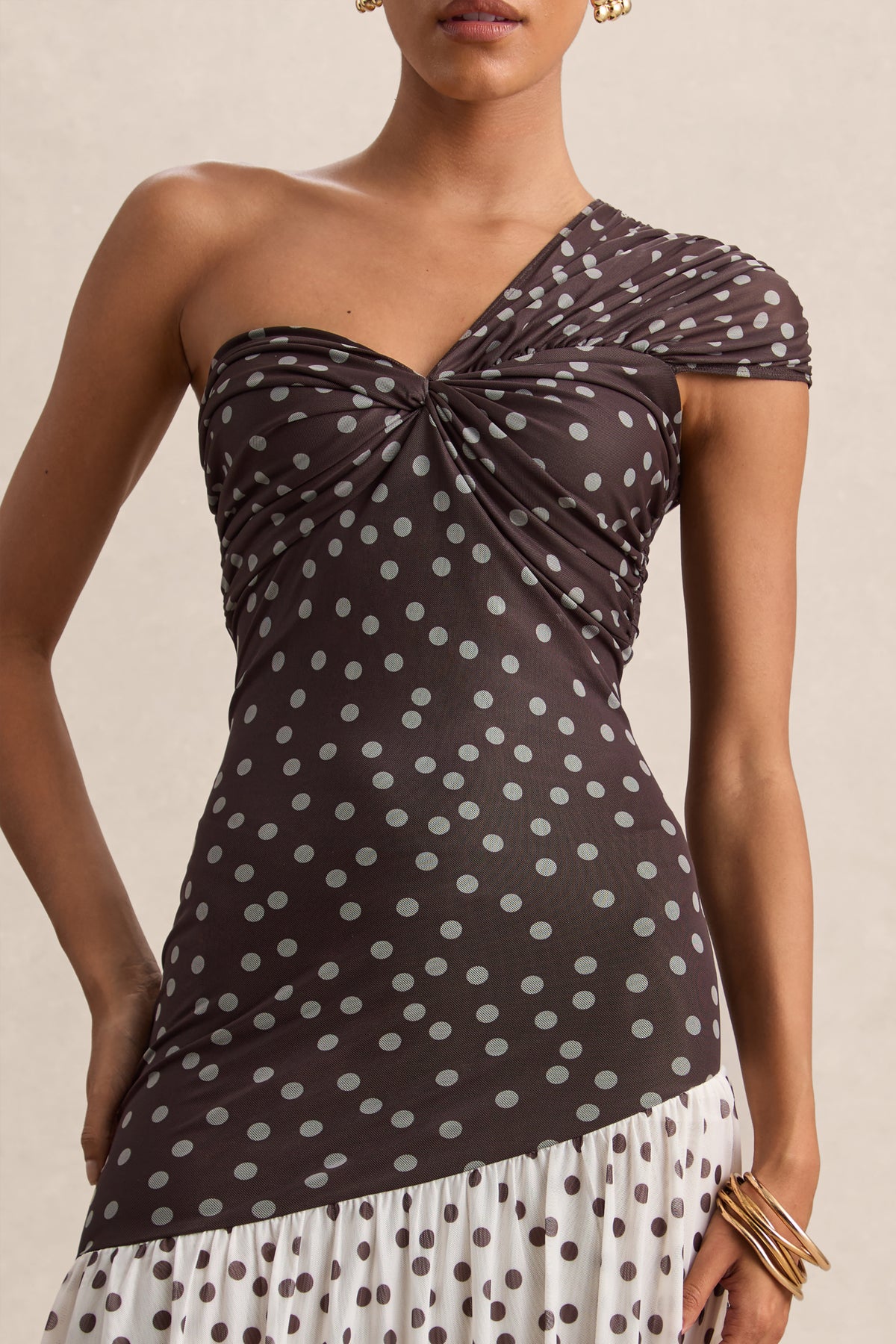 Motira | Brown Polka-Dot Asymmetric-Neck Maxi Dress With Asymmetric Drop-Waist Motira | Brown Polka-Dot Asymmetric-Neck Maxi Dress With Asymmetric Drop-Waist