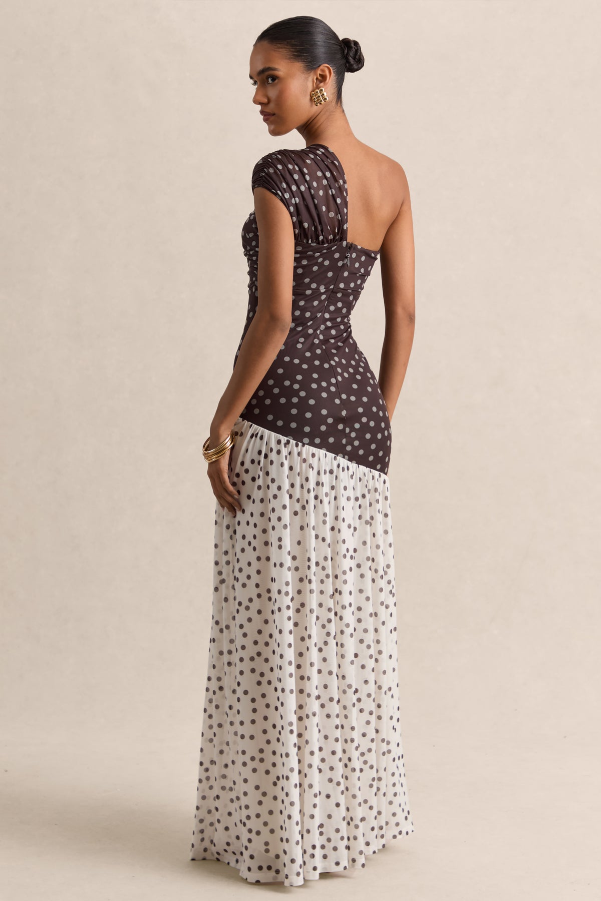 Motira | Brown Polka-Dot Asymmetric-Neck Maxi Dress With Asymmetric Drop-Waist Motira | Brown Polka-Dot Asymmetric-Neck Maxi Dress With Asymmetric Drop-Waist