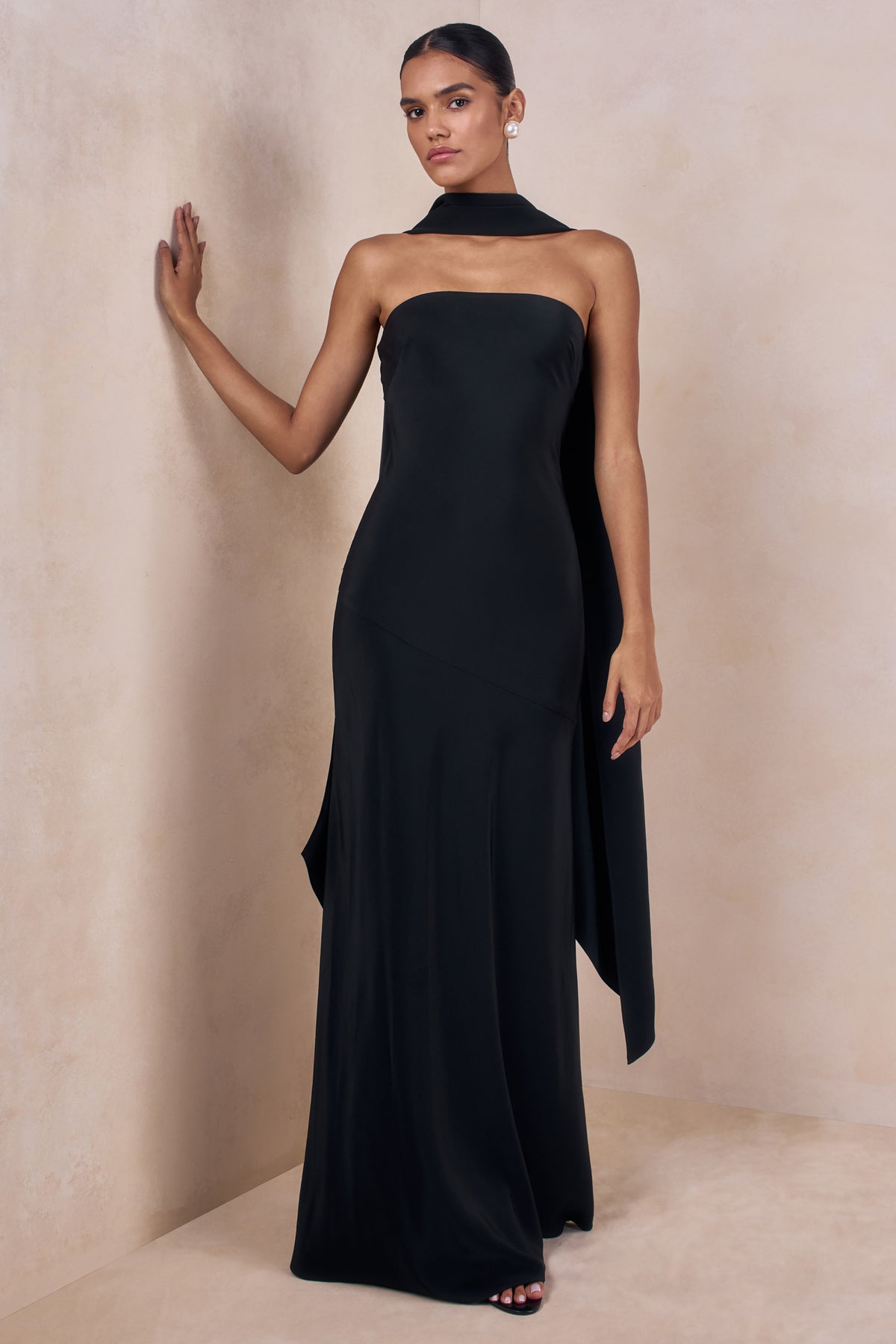 Charly Black Matte Satin Bandeau Maxi Dress With Scarf-Detail Club L London - USA Charly Black Matte Satin Bandeau Maxi Dress With Scarf-Detail Club L London - USA