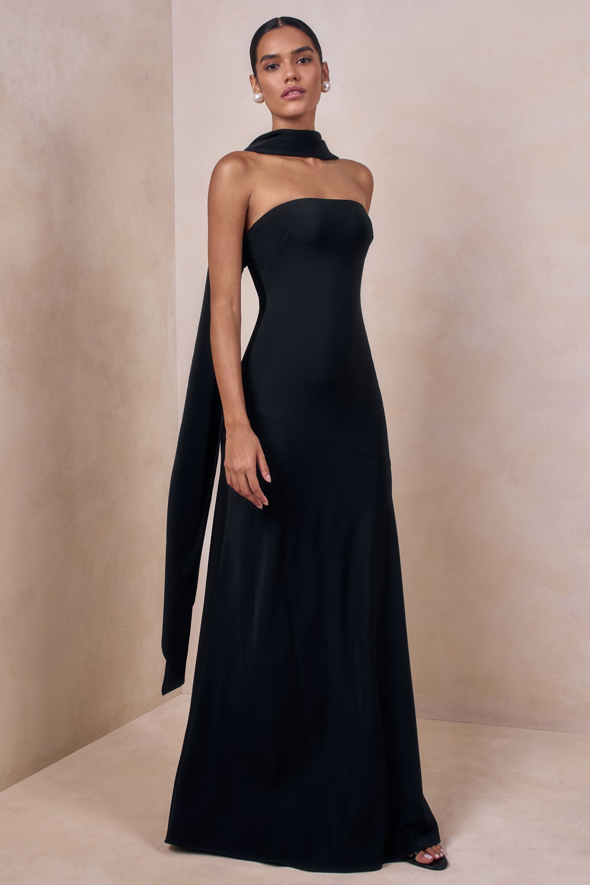Charly Black Matte Satin Bandeau Maxi Dress With Scarf-Detail Club L London - USA Charly Black Matte Satin Bandeau Maxi Dress With Scarf-Detail Club L London - USA