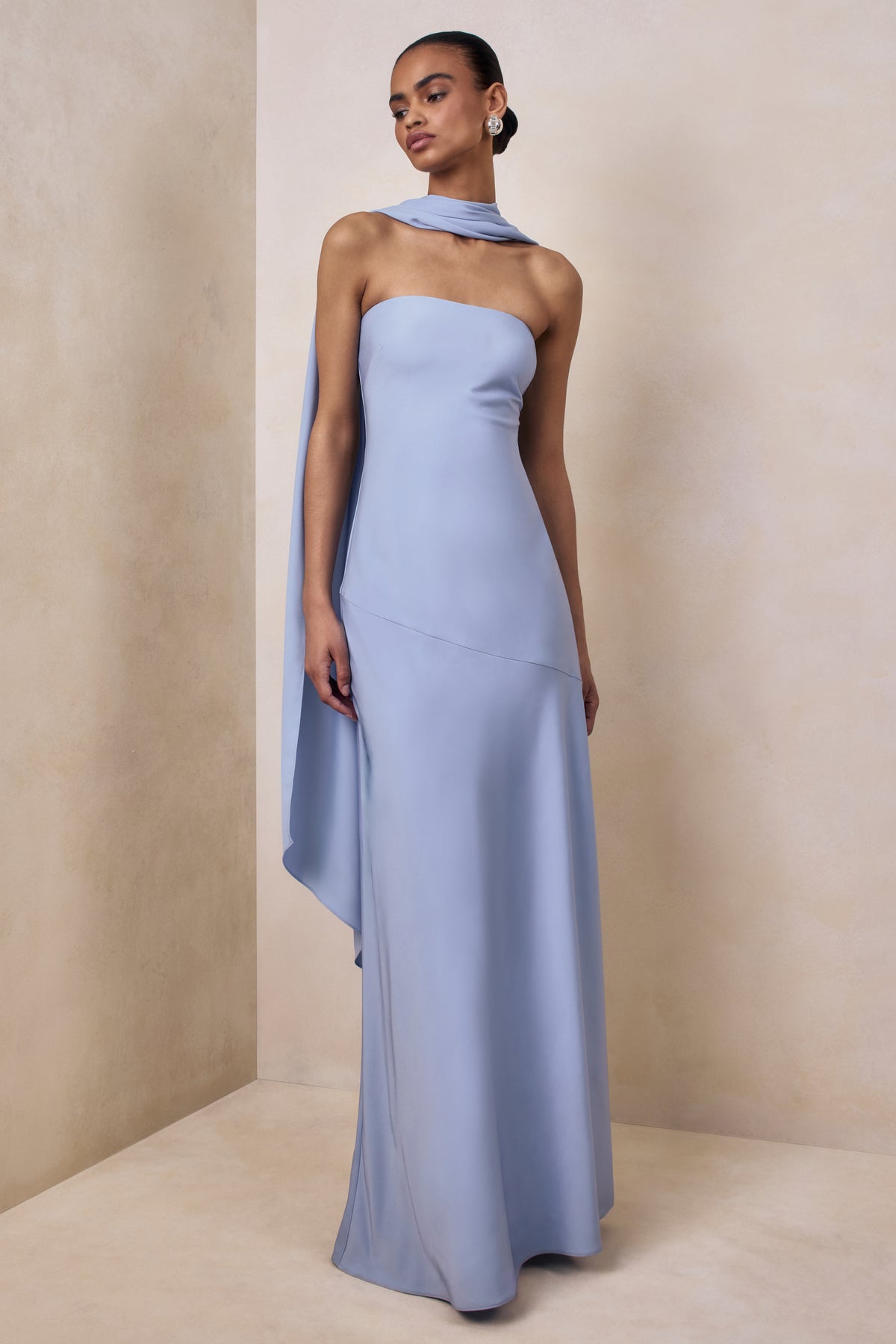 blue scarf dress Charly Powder Blue Matte Satin Bandeau Maxi Dress With Scarf-Detail – Club L London