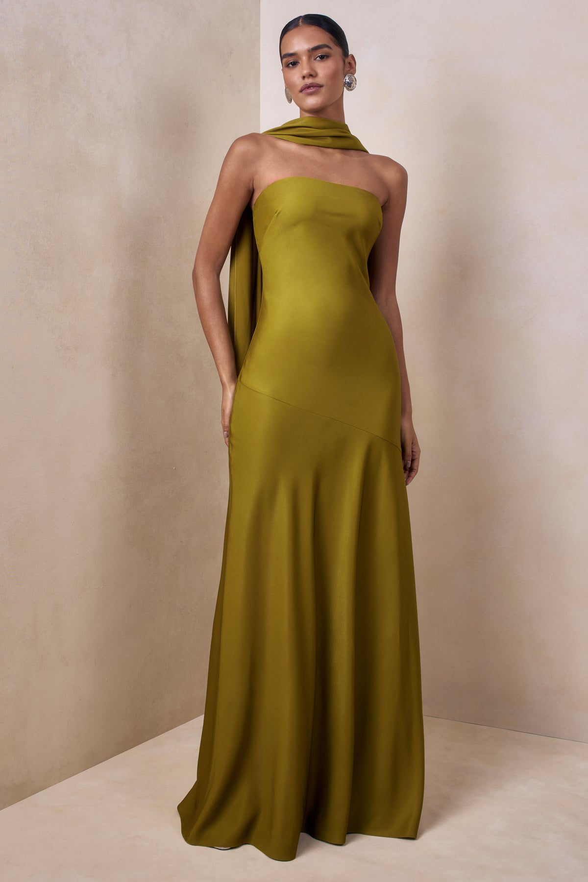 Charly Olive Matte Satin Bandeau Maxi Dress With Scarf-Detail Club L London - USA Charly Olive Matte Satin Bandeau Maxi Dress With Scarf-Detail Club L London - USA
