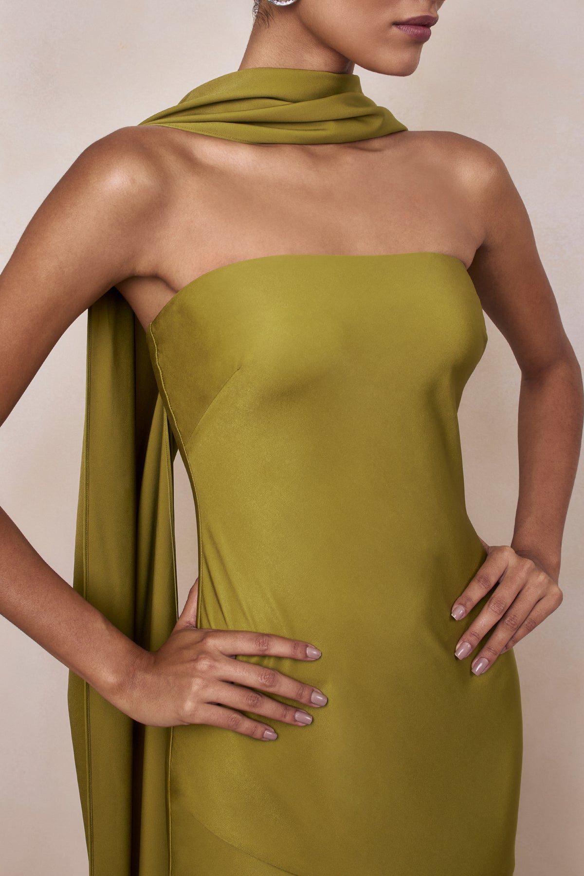 Charly Olive Matte Satin Bandeau Maxi Dress With Scarf-Detail Club L London - USA Charly Olive Matte Satin Bandeau Maxi Dress With Scarf-Detail Club L London - USA