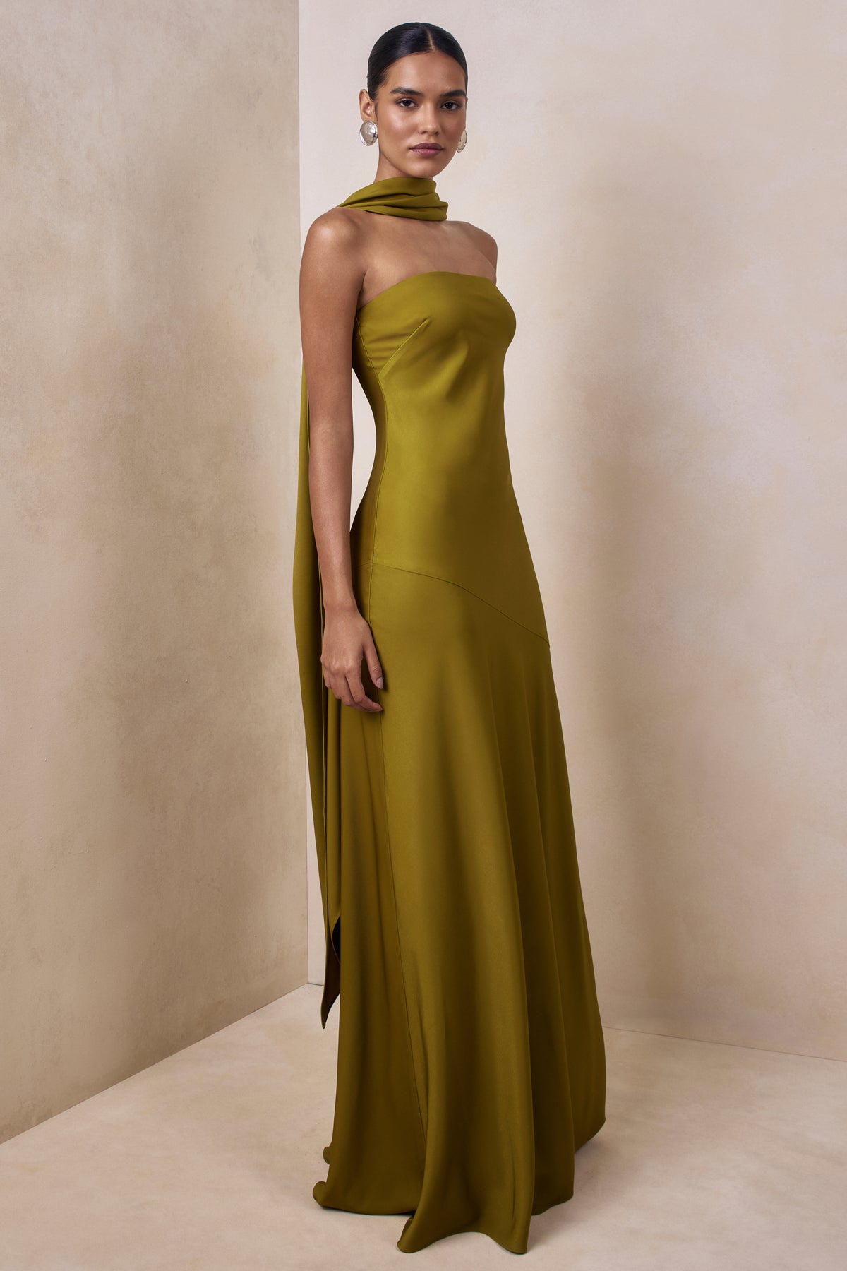 Charly Olive Matte Satin Bandeau Maxi Dress With Scarf-Detail Club L London - USA Charly Olive Matte Satin Bandeau Maxi Dress With Scarf-Detail Club L London - USA