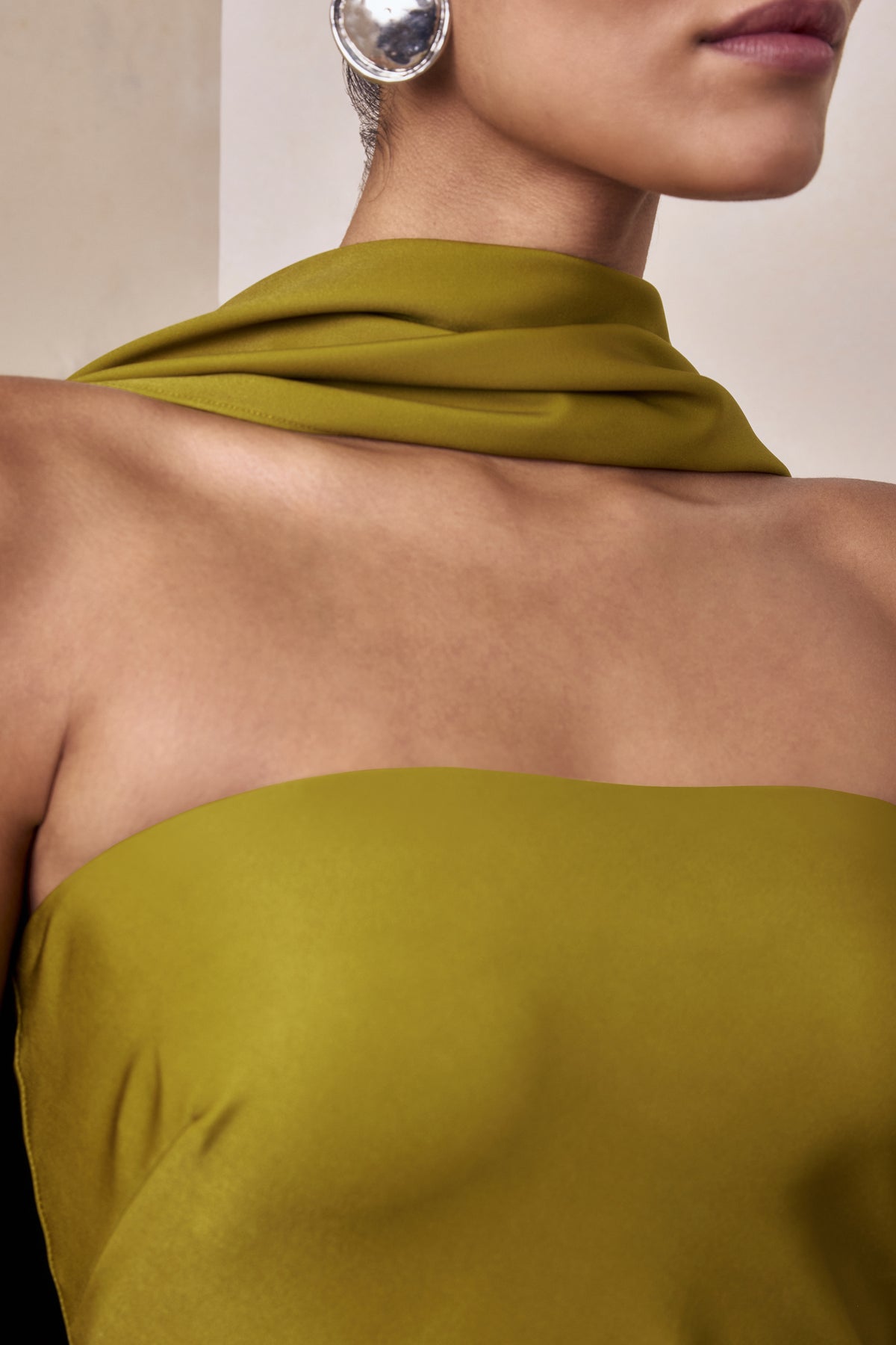 Charly Olive Matte Satin Bandeau Maxi Dress With Scarf-Detail Club L London - USA Charly Olive Matte Satin Bandeau Maxi Dress With Scarf-Detail Club L London - USA