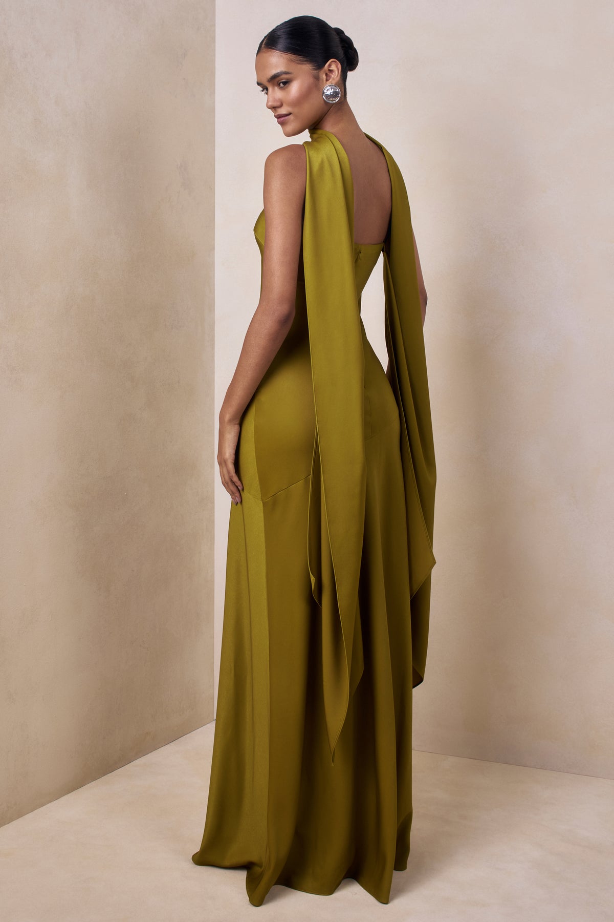 Charly Olive Matte Satin Bandeau Maxi Dress With Scarf-Detail Club L London - USA Charly Olive Matte Satin Bandeau Maxi Dress With Scarf-Detail Club L London - USA