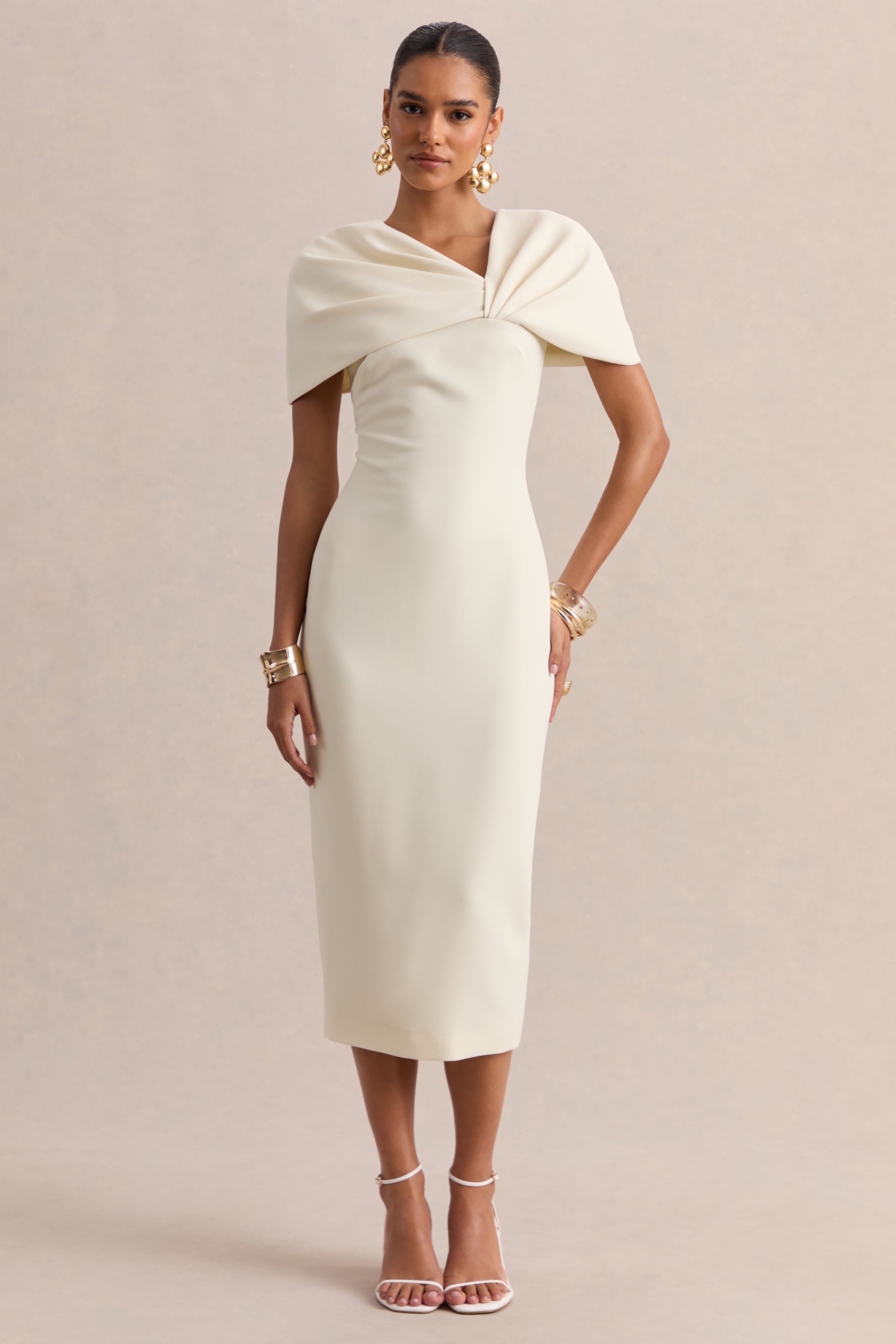 Novalie | Cream V-Neck Midi Dress With Twist-Detail – Club L