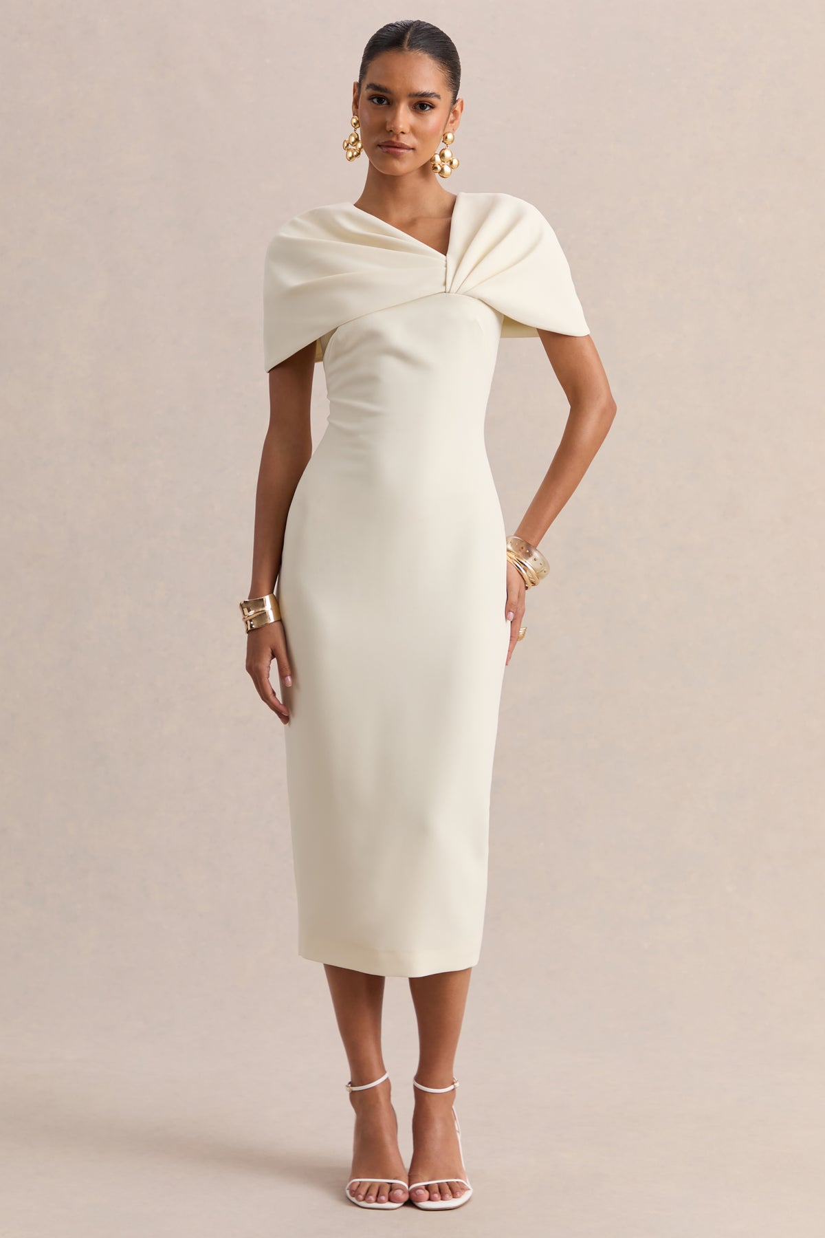 Novalie Cream V-Neck Midi Dress With Twist-Detail Club L London - USA Novalie Cream V-Neck Midi Dress With Twist-Detail Club L London - USA