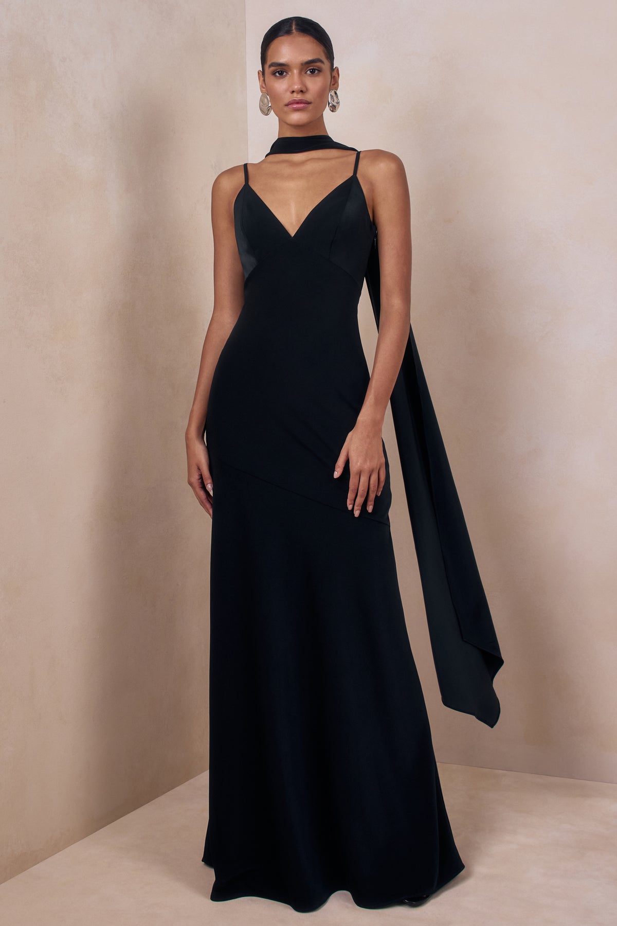 Starling | Black Matte Satin Plunge-Neck Maxi Dress With Scarf-Detail - UK 12 Black Starling | Black Matte Satin Plunge-Neck Maxi Dress With Scarf-Detail - UK 12 Black