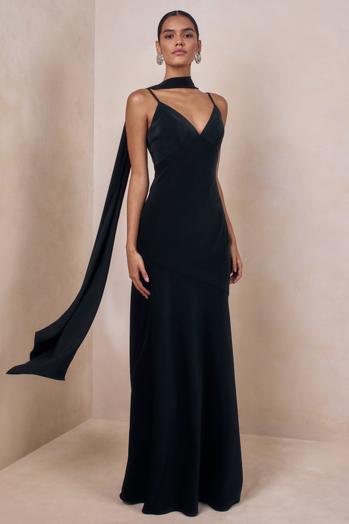 Starling | Black Matte Satin Plunge-Neck Maxi Dress With Scarf-Detail - UK 12 Black Starling | Black Matte Satin Plunge-Neck Maxi Dress With Scarf-Detail - UK 12 Black
