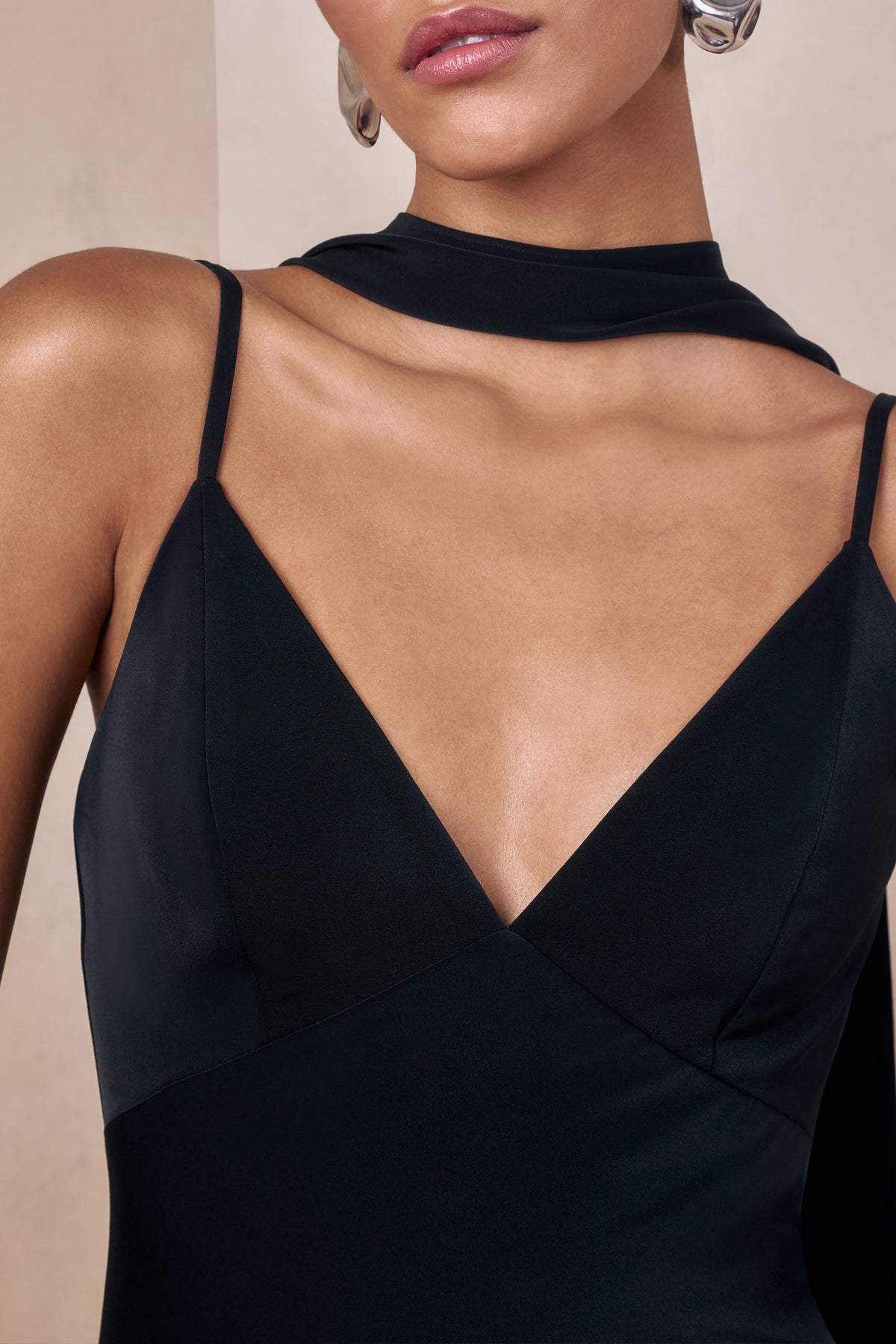 Starling | Black Matte Satin Plunge-Neck Maxi Dress With Scarf-Detail - UK 12 Black Starling | Black Matte Satin Plunge-Neck Maxi Dress With Scarf-Detail - UK 12 Black
